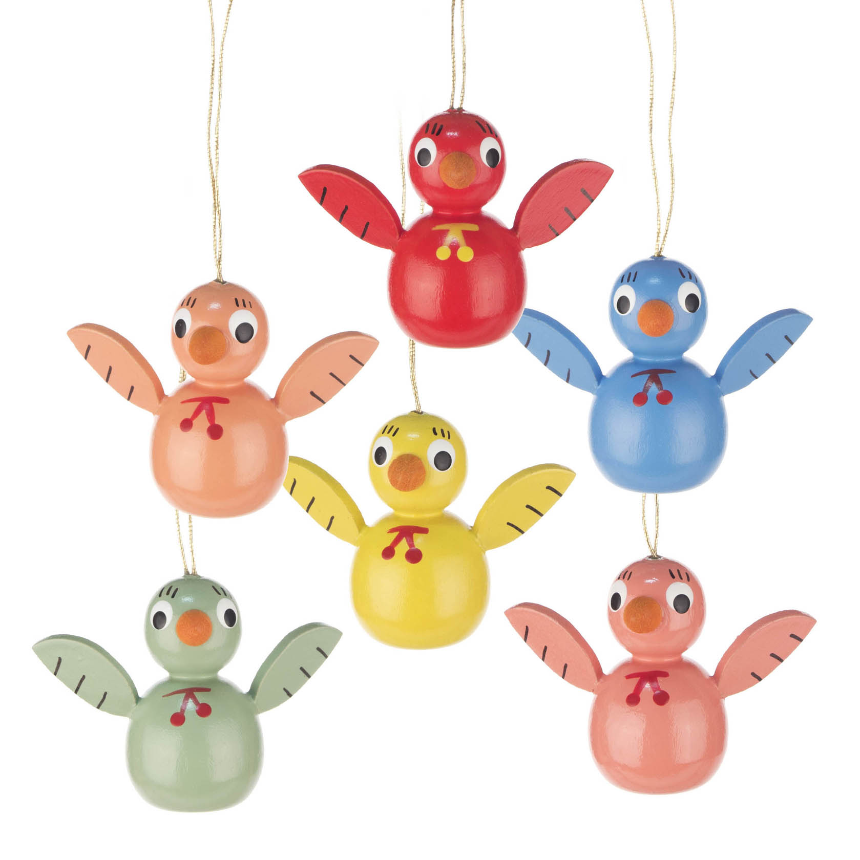 Sechs bunte, holzgeschnitzte Küken-Anhänger, in den Farben Rot, Blau, Gelb, Grün, Pink und Orange, mit bemalten Augen und Flügeln, und einer Schnur zum Aufhängen. im Dregeno Online Shop günstig kaufen