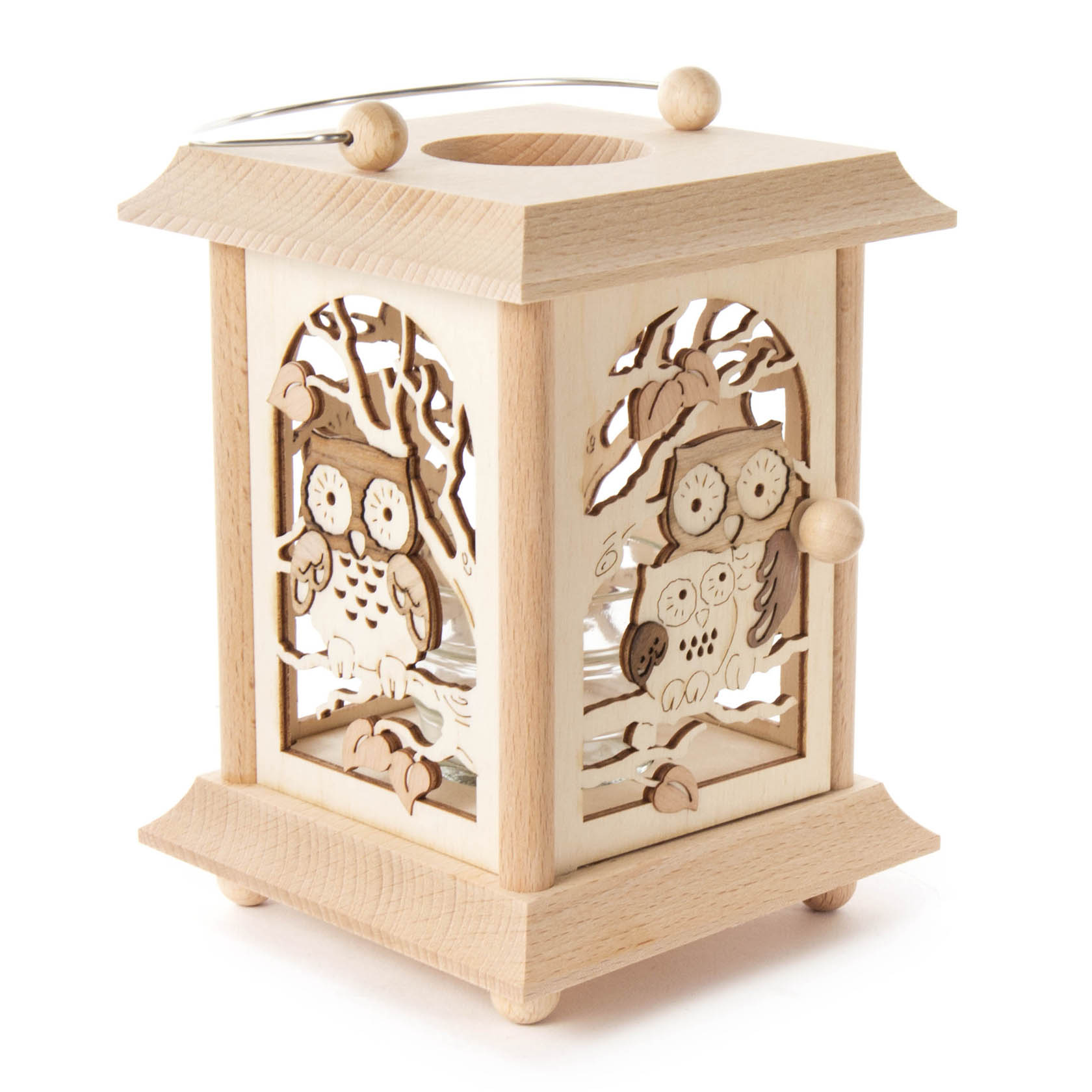 Dekorative Tischlaterne aus Holz mit Eulenmotiv, Glaseinsatz für Teelicht oder Votivkerze, quadratischer Sockel und Griff.