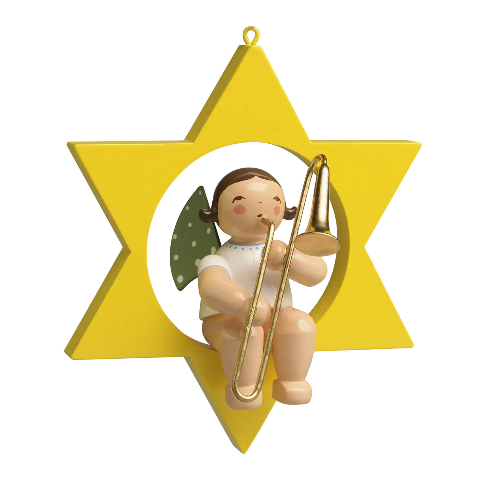 Ein lächelnder Engel mit grünen Flügeln, der eine goldene Zugposaune spielt, sitzt in einem gelben Stern. im Dregeno Online Shop günstig kaufen