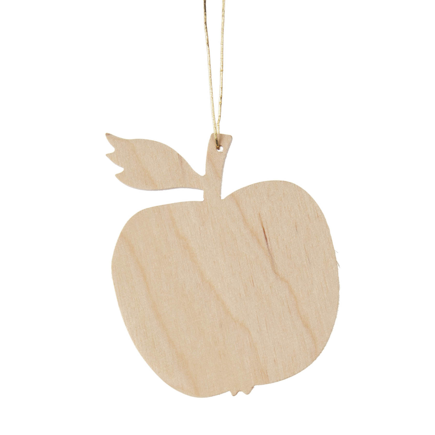 Holzanhänger in Form eines Apfels mit Blatt, hängend an einer goldfarbenen Schnur. im Dregeno Online Shop günstig kaufen