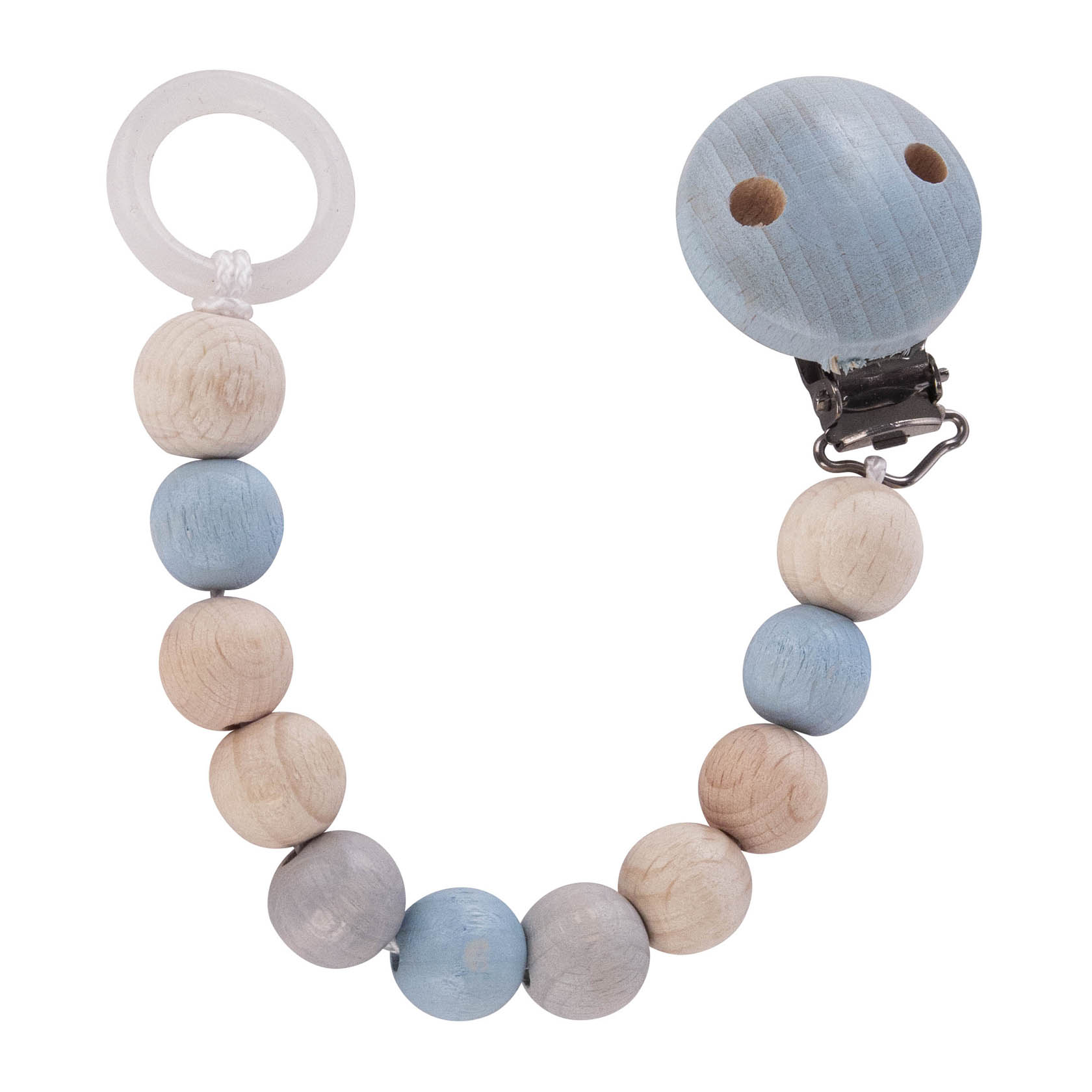Eine Schnullerkette aus naturfarbenen und blauen Holzperlen mit einem Befestigungsclip am Ende. im Dregeno Online Shop günstig kaufen