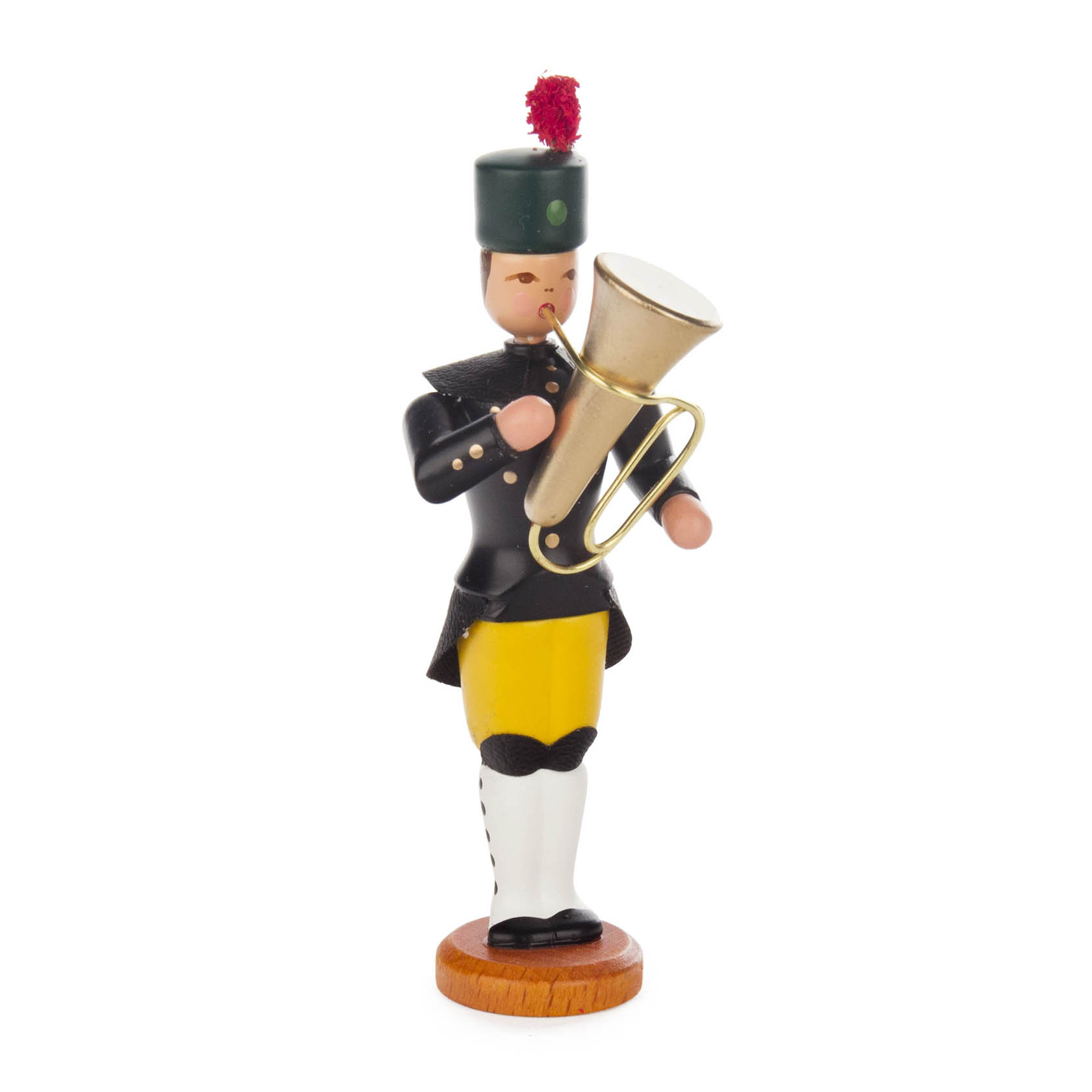 Holzfigur eines Bergmanns in traditioneller Uniform mit Basstuba und rotem Federbusch auf dem Helm. im Dregeno Online Shop günstig kaufen
