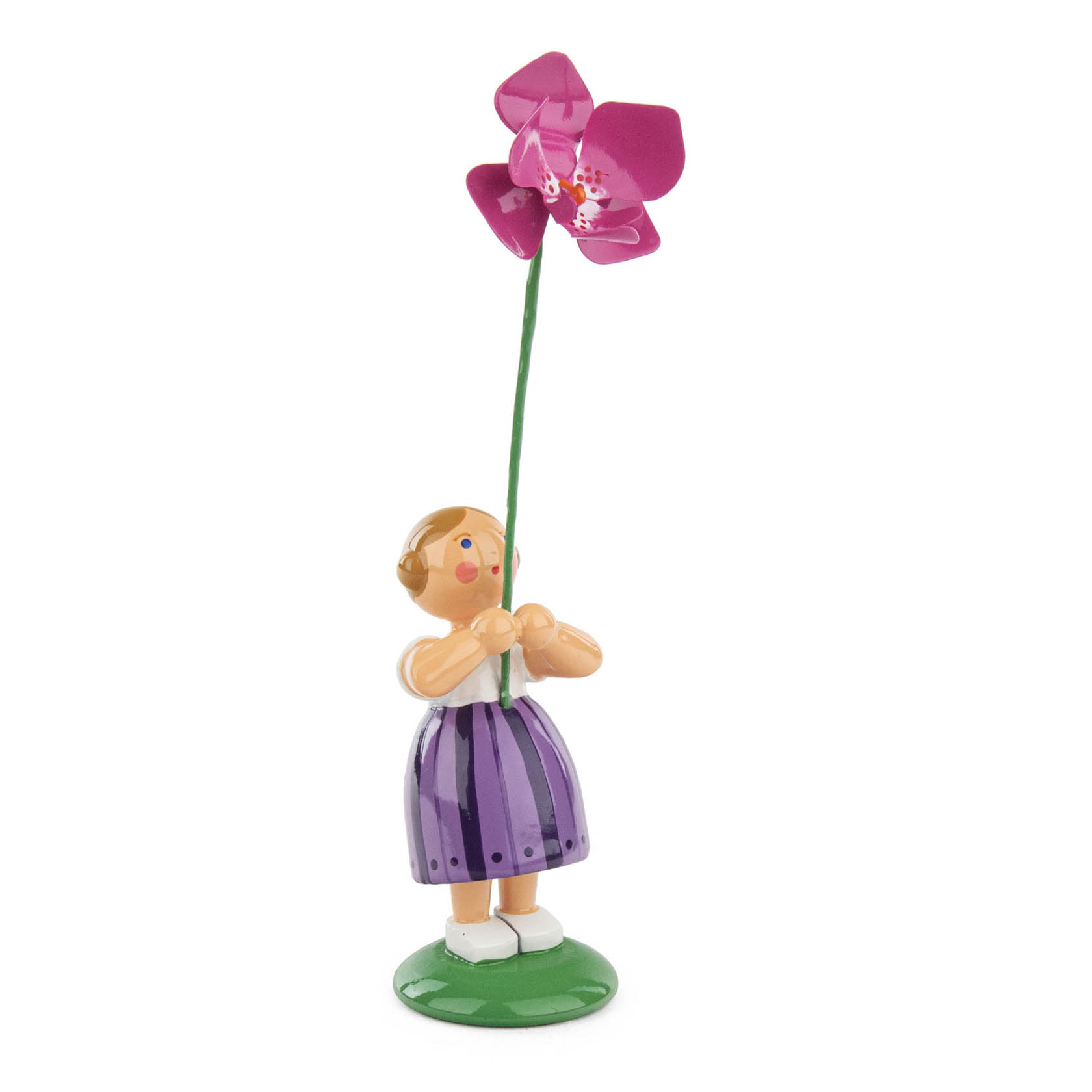 Holzfigur eines Mädchens im Lila-Kleid, das eine große pinke Orchidee hält. im Dregeno Online Shop günstig kaufen