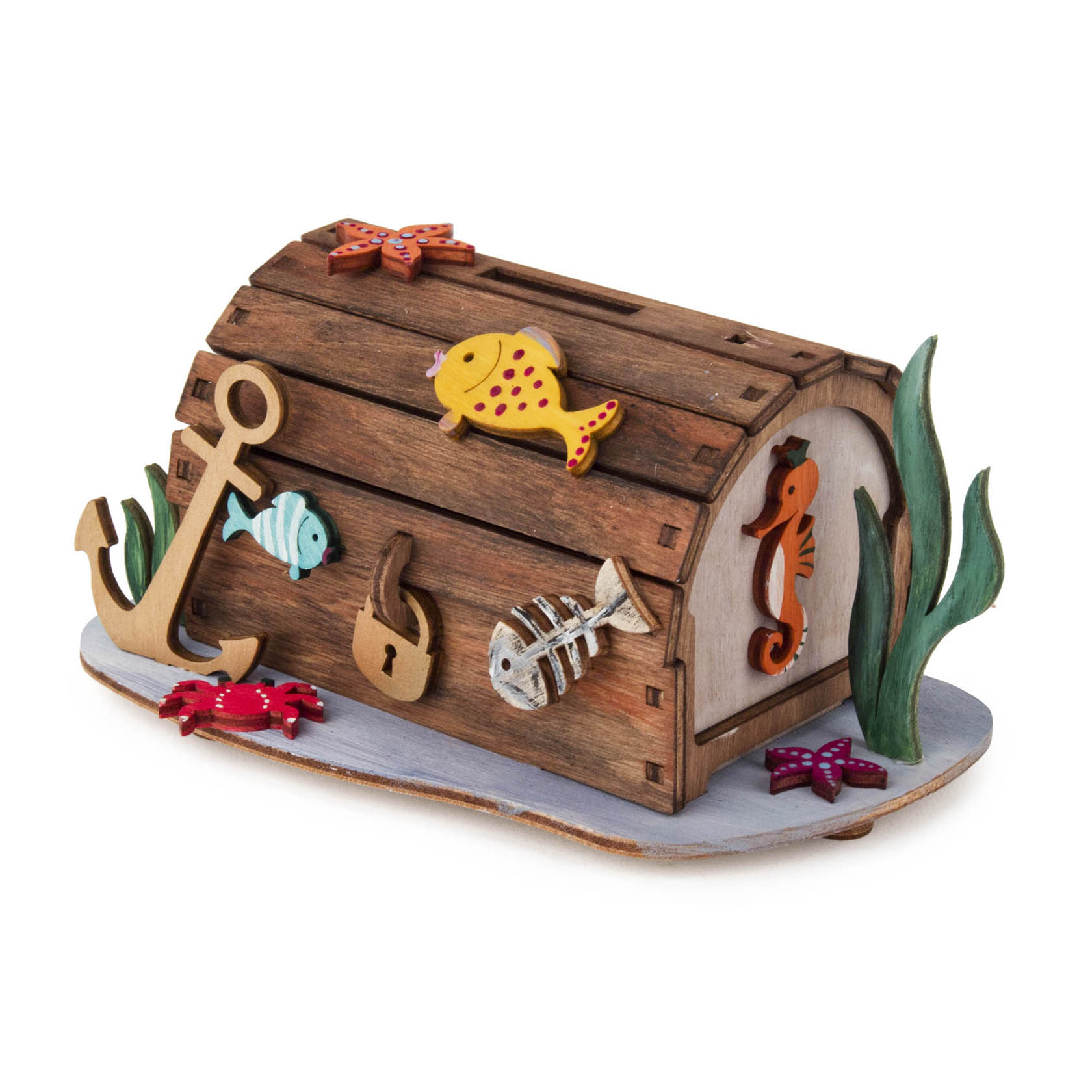 A wooden treasure chest-shaped piggy bank adorned with sea-themed decorations, including colorful fish, a seahorse, an anchor, and marine plants.