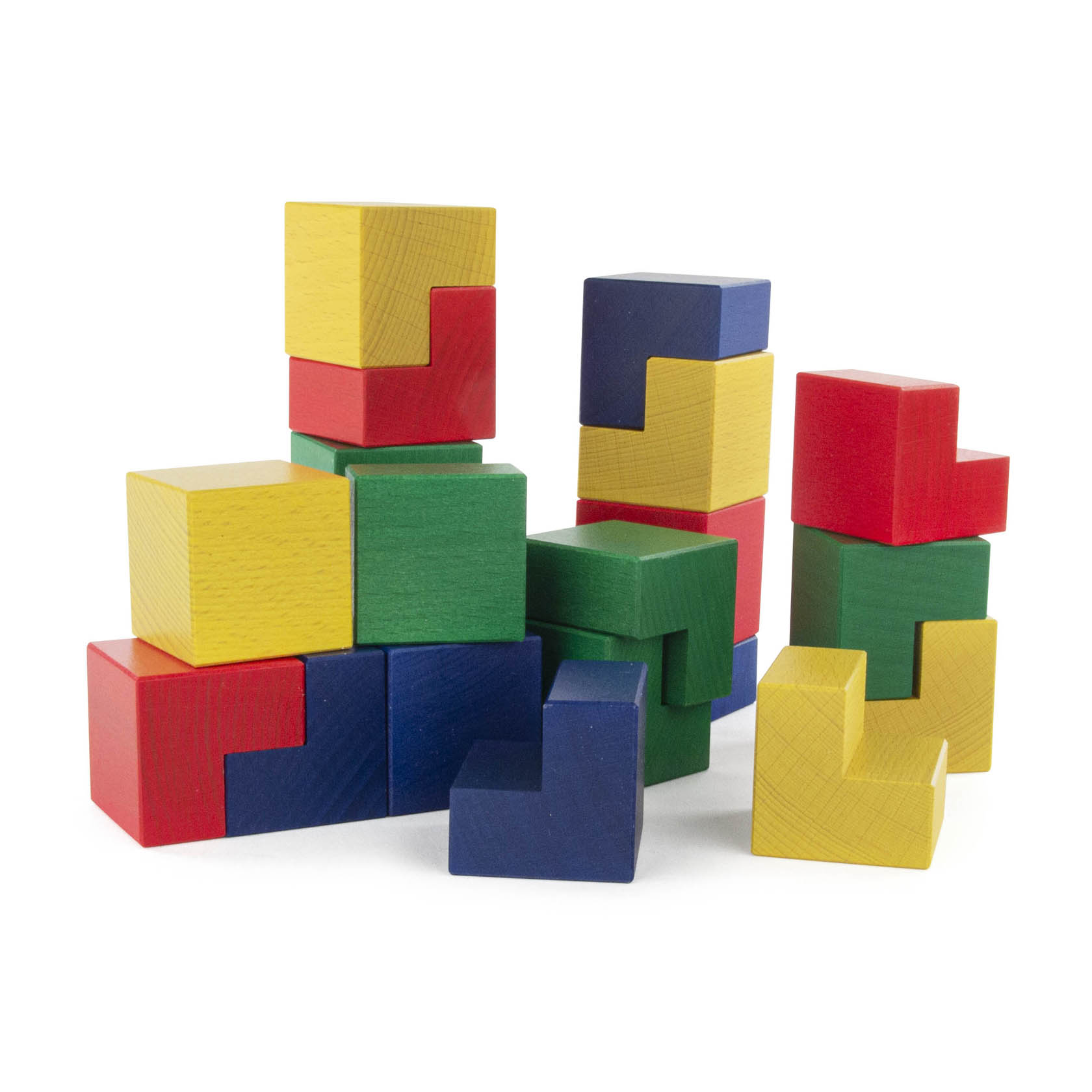 Verschiedene farbige Bausteine in Rot, Blau, Gelb und Grün, teils in Tetrimino-ähnlichen Formen, stapeln sich unsortiert.