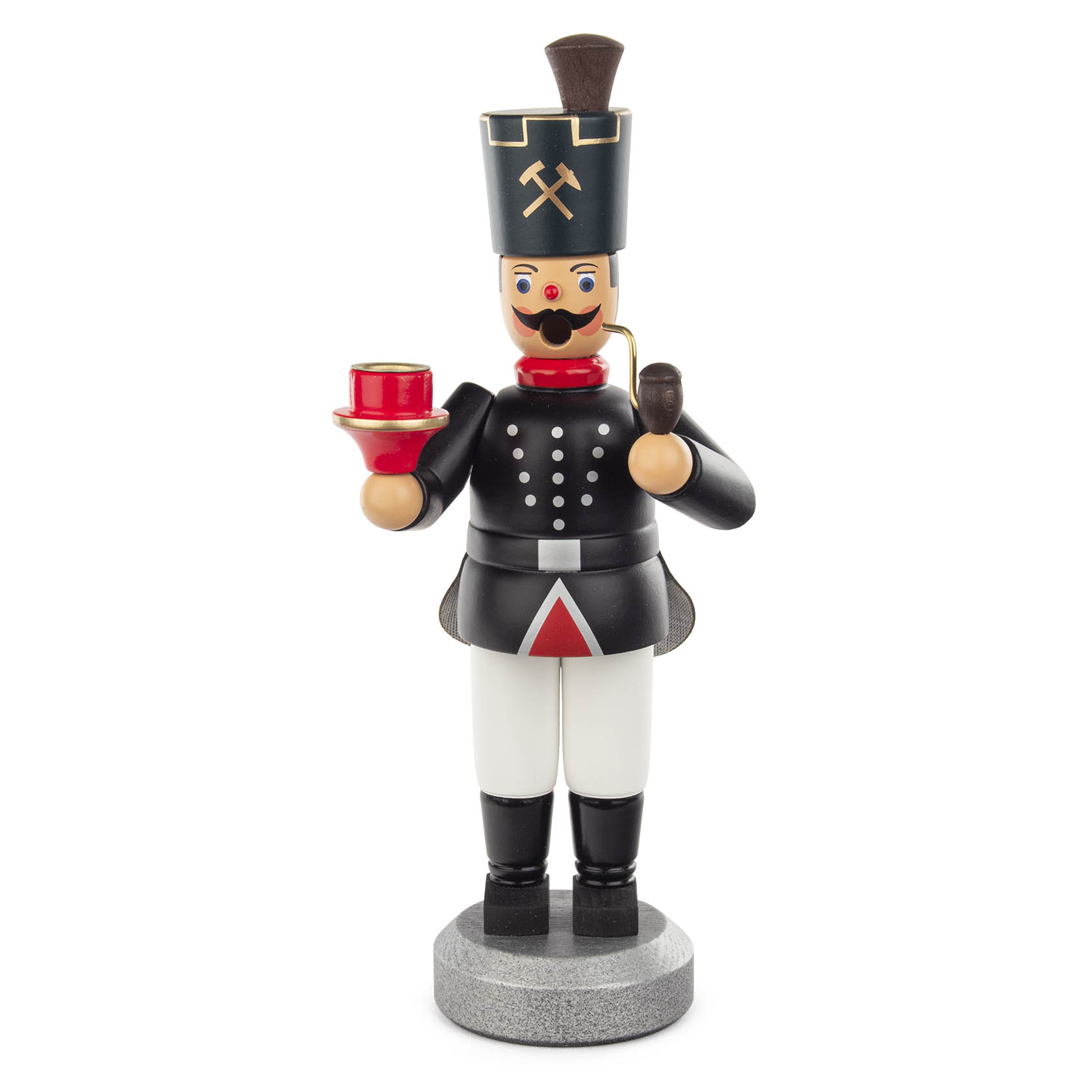 Räuchermann in traditioneller Bergmann-Tracht mit schwarzem Hut und Uniform, hält einen roten Kerzenhalter rechts und eine Pfeife links. im Dregeno Online Shop günstig kaufen