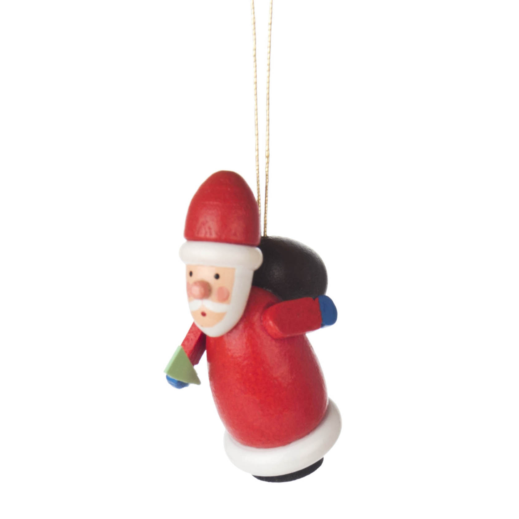 Kleine Weihnachtsmann-Figur mit rotem Mantel und Mütze, schwarzem Sack, hängt an einem goldenen Faden. im Dregeno Online Shop günstig kaufen
