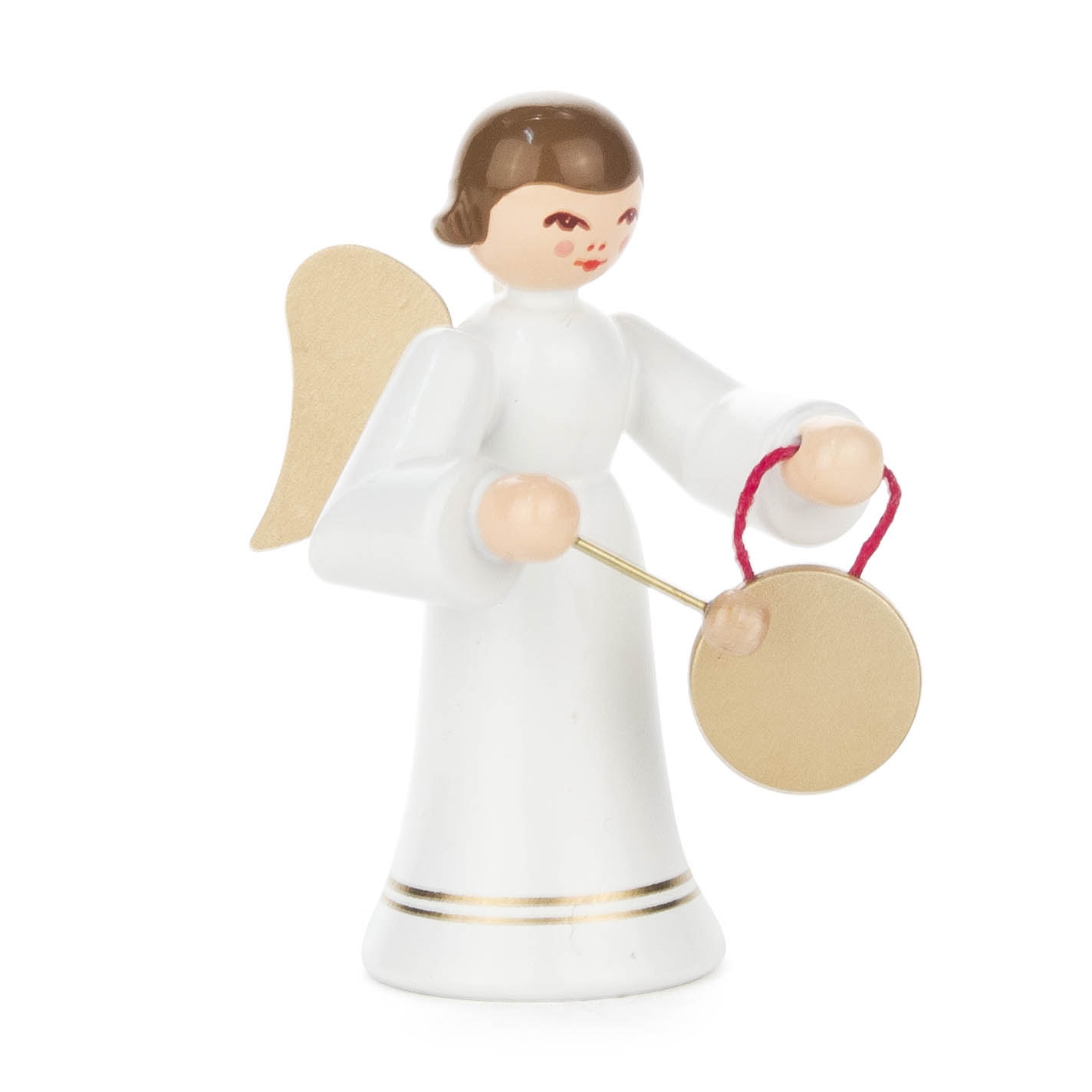 Eine Engelfigur in weißem Gewand mit goldenen Flügeln hält einen kleinen Gong in der linken Hand und einen goldenen Schlägel in der rechten Hand. im Dregeno Online Shop günstig kaufen