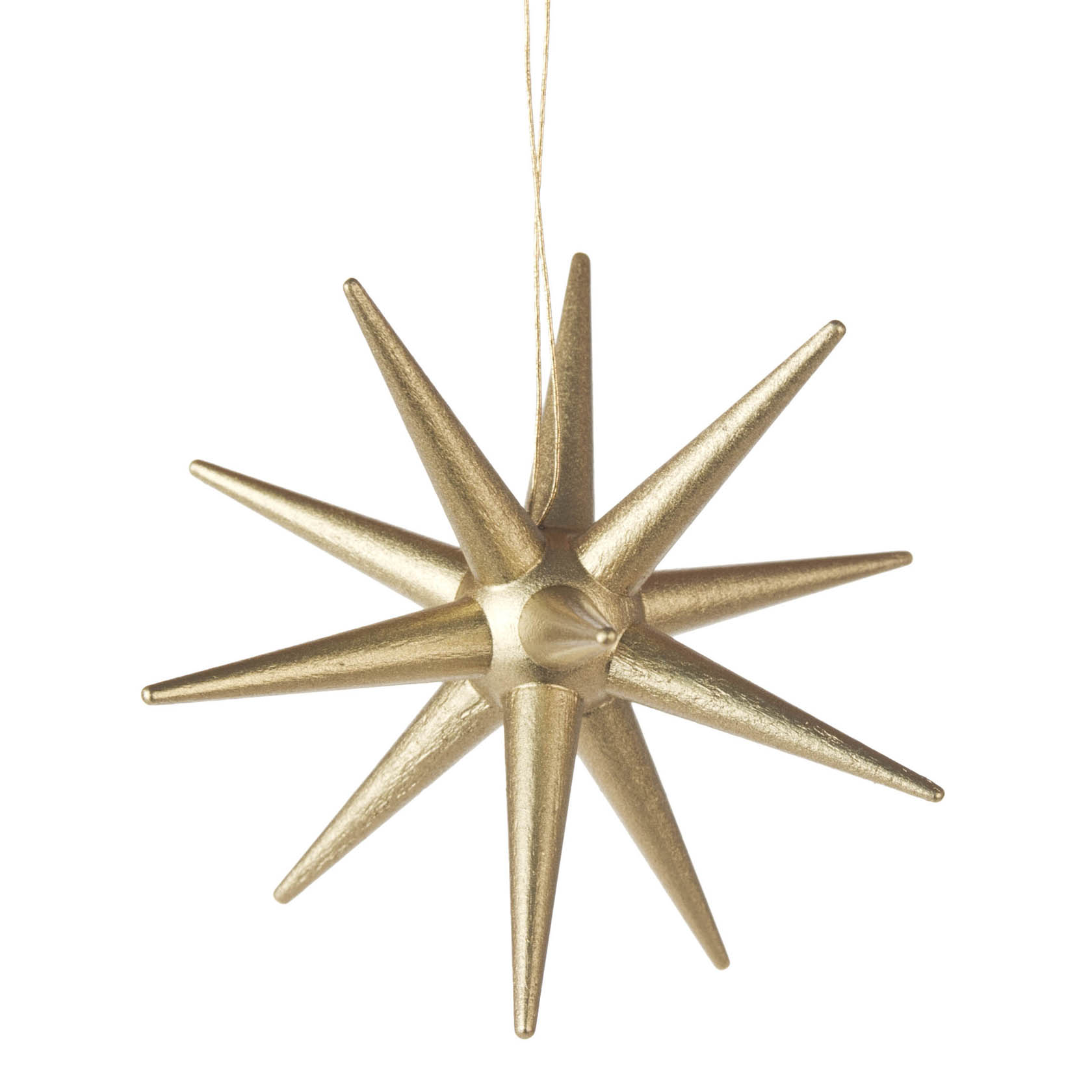 A gold star ornament with ten pointed spikes hanging by a thin string.