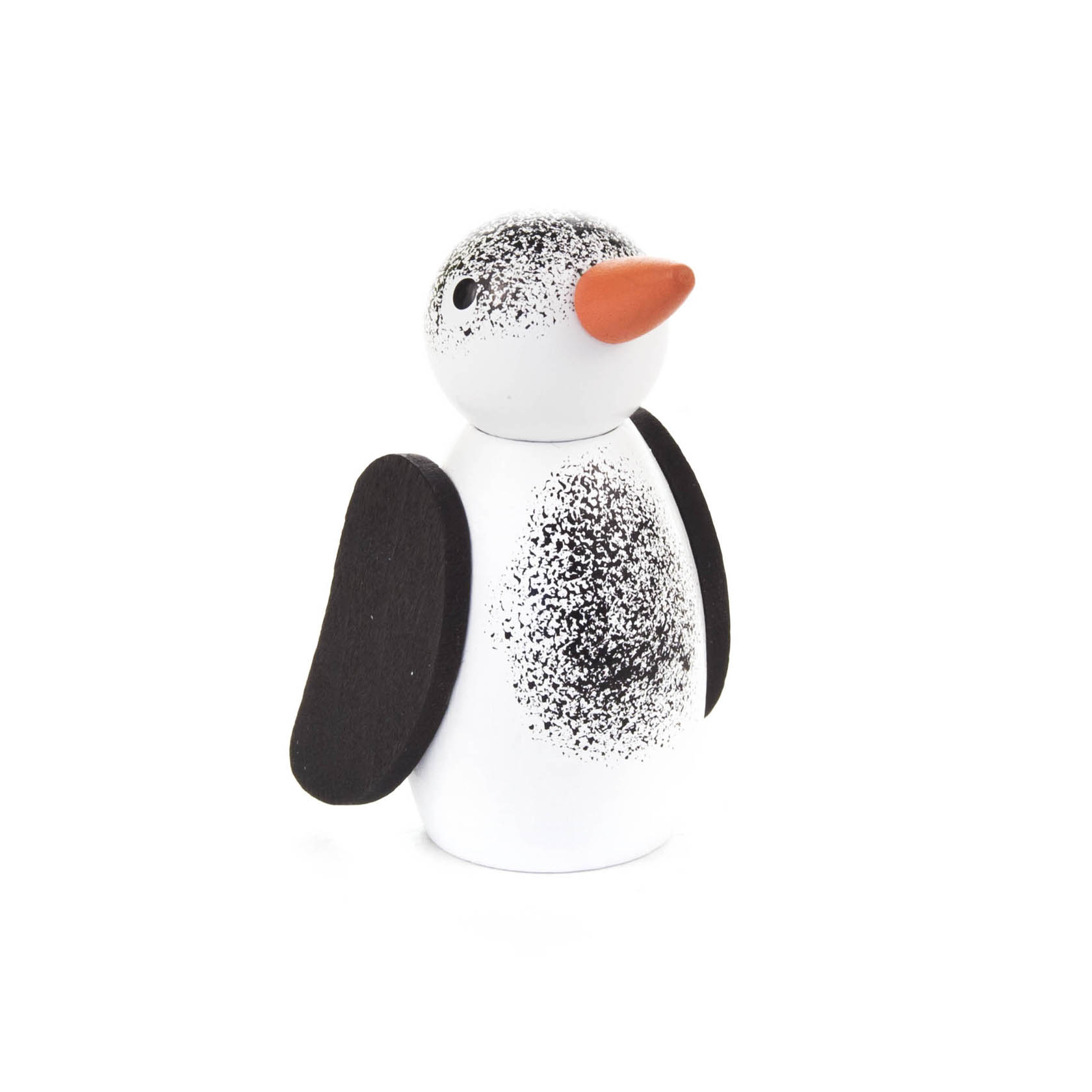 Weiße, stehende Vogel-Figur mit schwarzen Flügeln und Sprenkeln, einem orangefarbenen Schnabel und einem freundlichen Gesichtsausdruck. im Dregeno Online Shop günstig kaufen