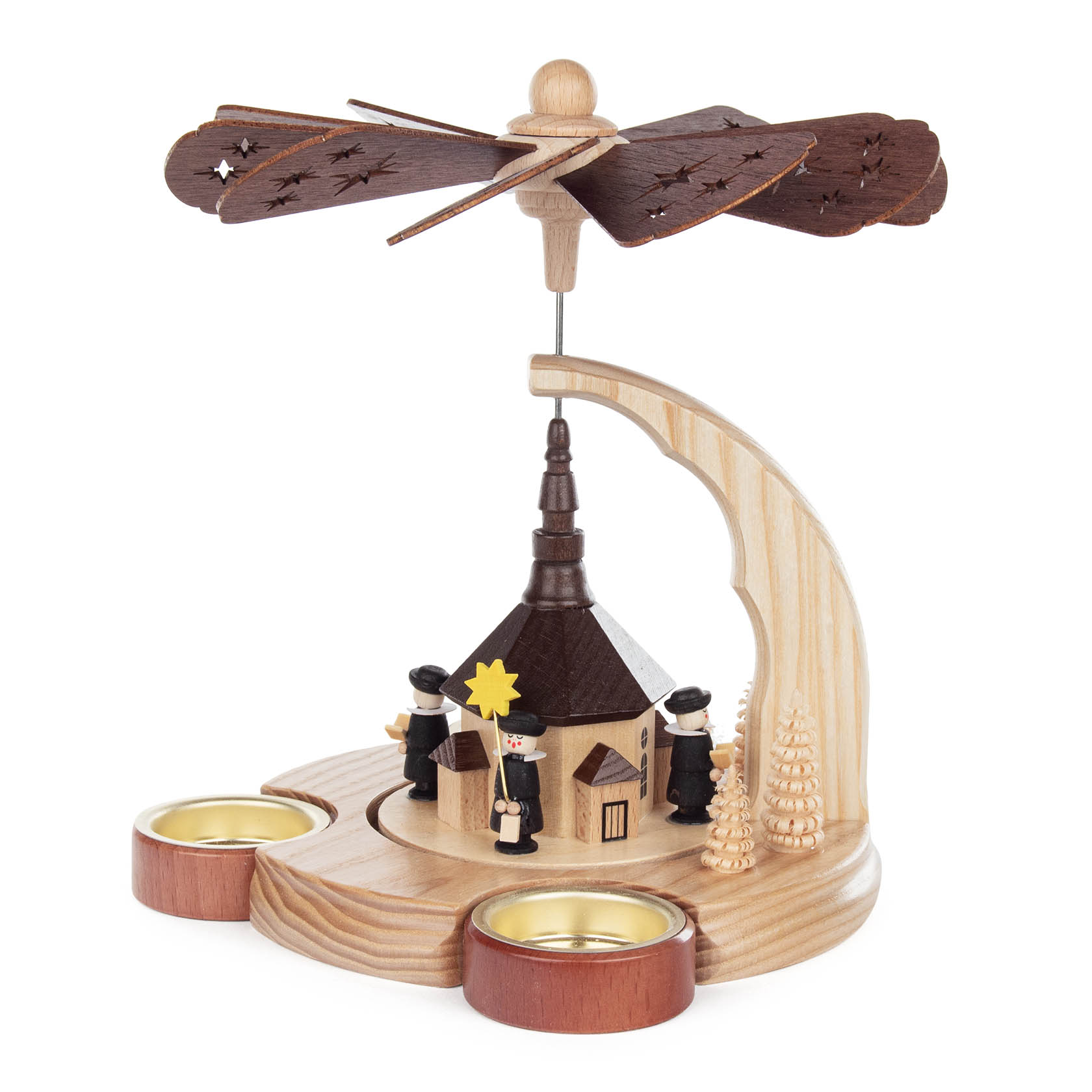 Holzpyramide mit Seiffener Kirche und Kurrendefiguren, angetrieben durch Teelichter. Die Kirche steht zentral umgeben von Figuren, die eine Kerze halten. im Dregeno Online Shop günstig kaufen