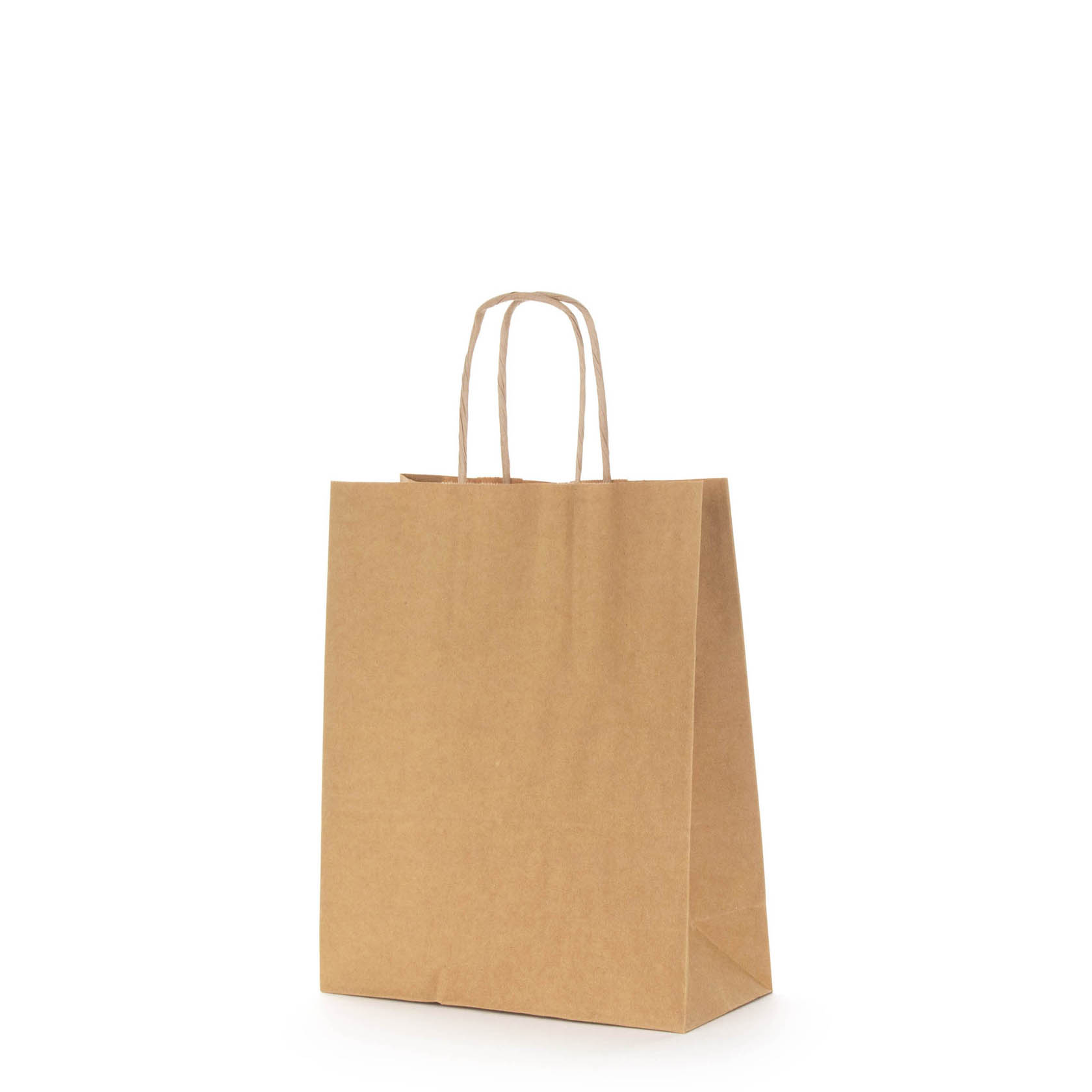A brown paper shopping bag with dimensions of 18x8x22 cm featuring twisted paper handles. im Dregeno Online Shop günstig kaufen