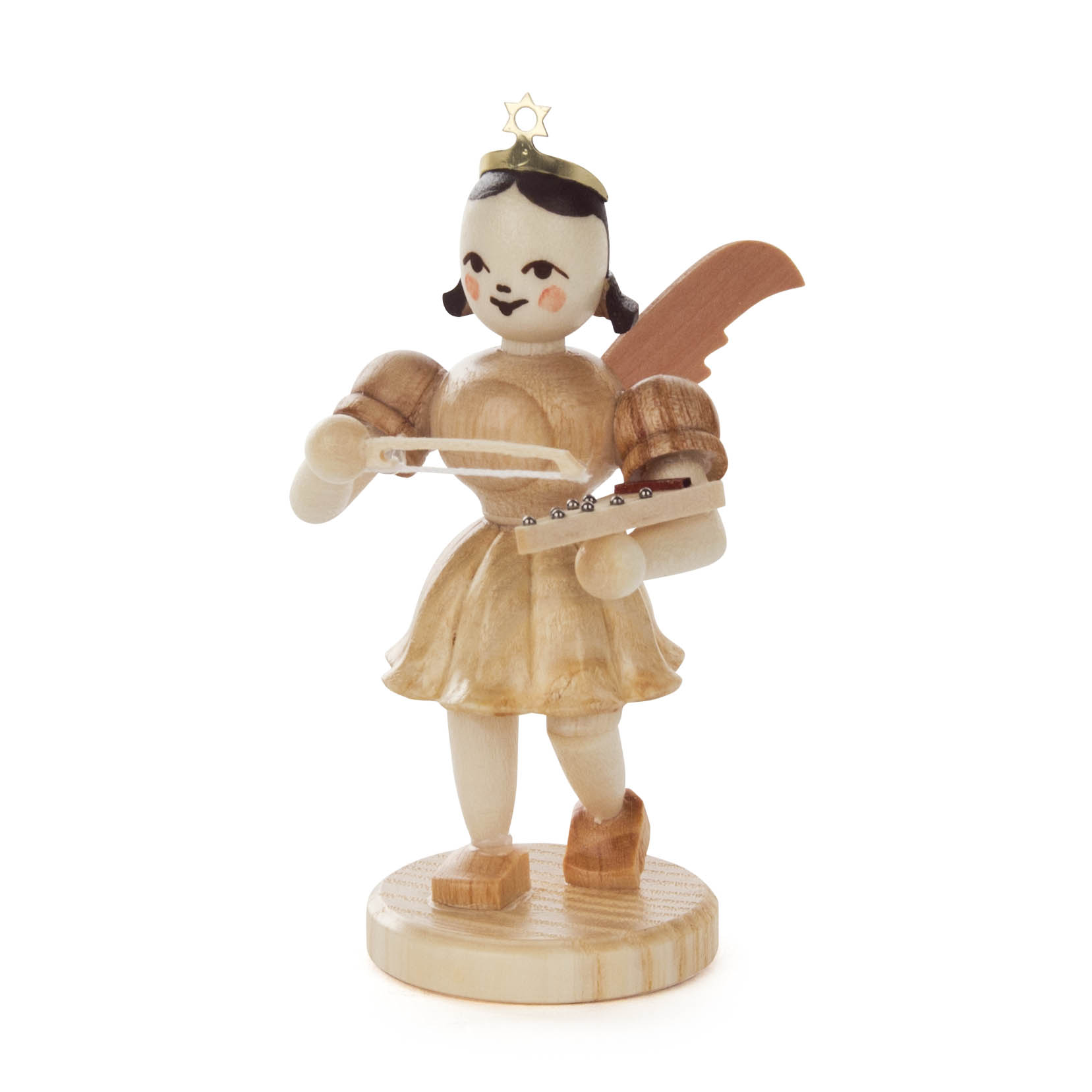 Holzfigur eines Engels mit braunen Flügeln und Stern auf dem Kopf, spielt ein Psalter. Trägt ein beiges Kleid und braune Schuhe. im Dregeno Online Shop günstig kaufen