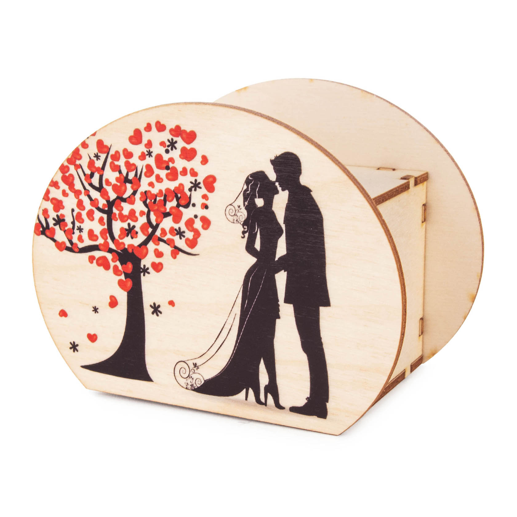 Holzspardose mit Herzbaum-Motiv und silhouettiertem Hochzeitspaar, bestehend aus einem Bräutigam und einer Braut mit Schleier. im Dregeno Online Shop günstig kaufen