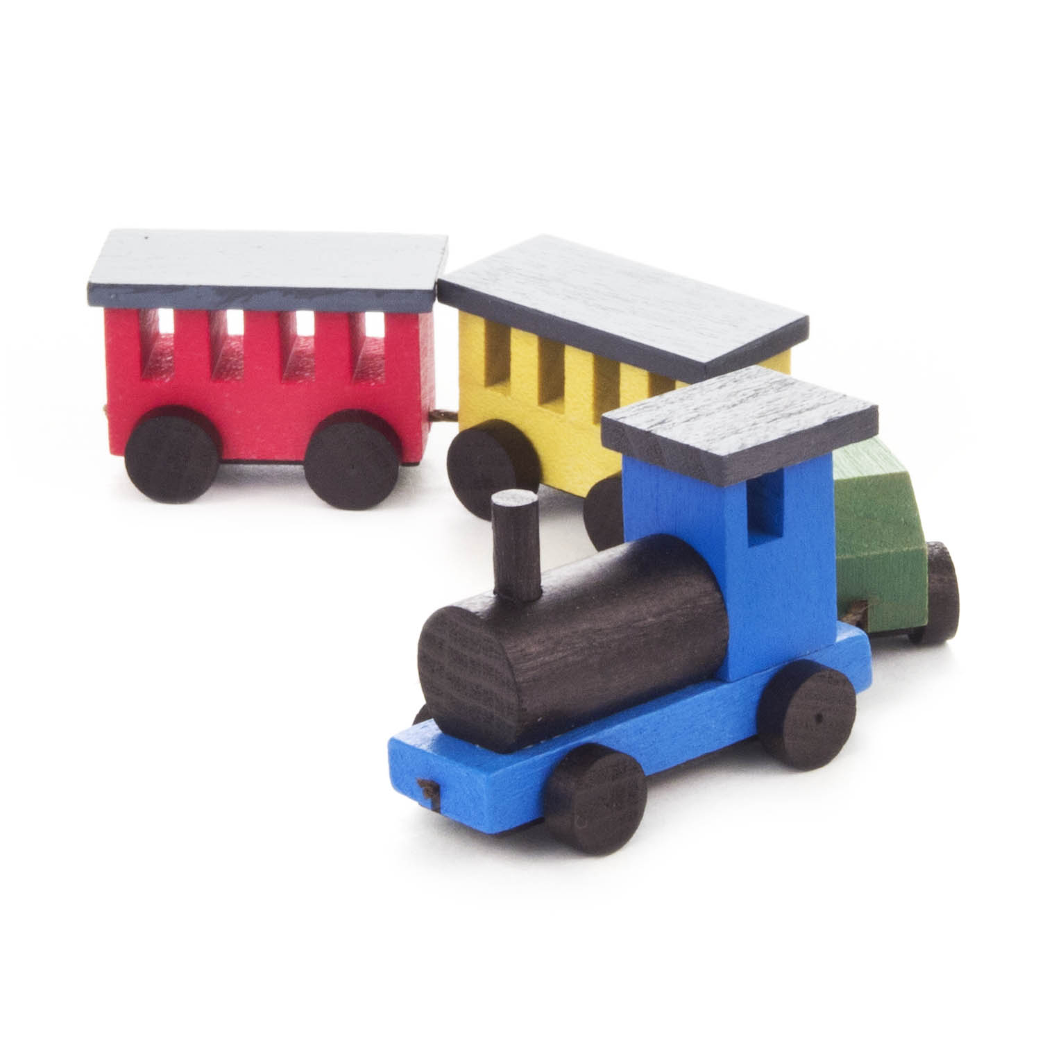 Bunte Mini-Eisenbahn aus Holz mit einer blauen Lokomotive und zwei angehängten Waggons, einem roten und einem gelben. im Dregeno Online Shop günstig kaufen