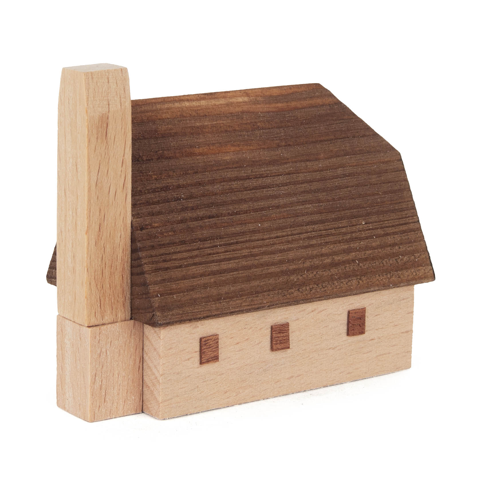 Holzmodell einer einstöckigen Dorfschmiede mit großen Schornstein, rechteckigem Grundriss und schrägem Dach.