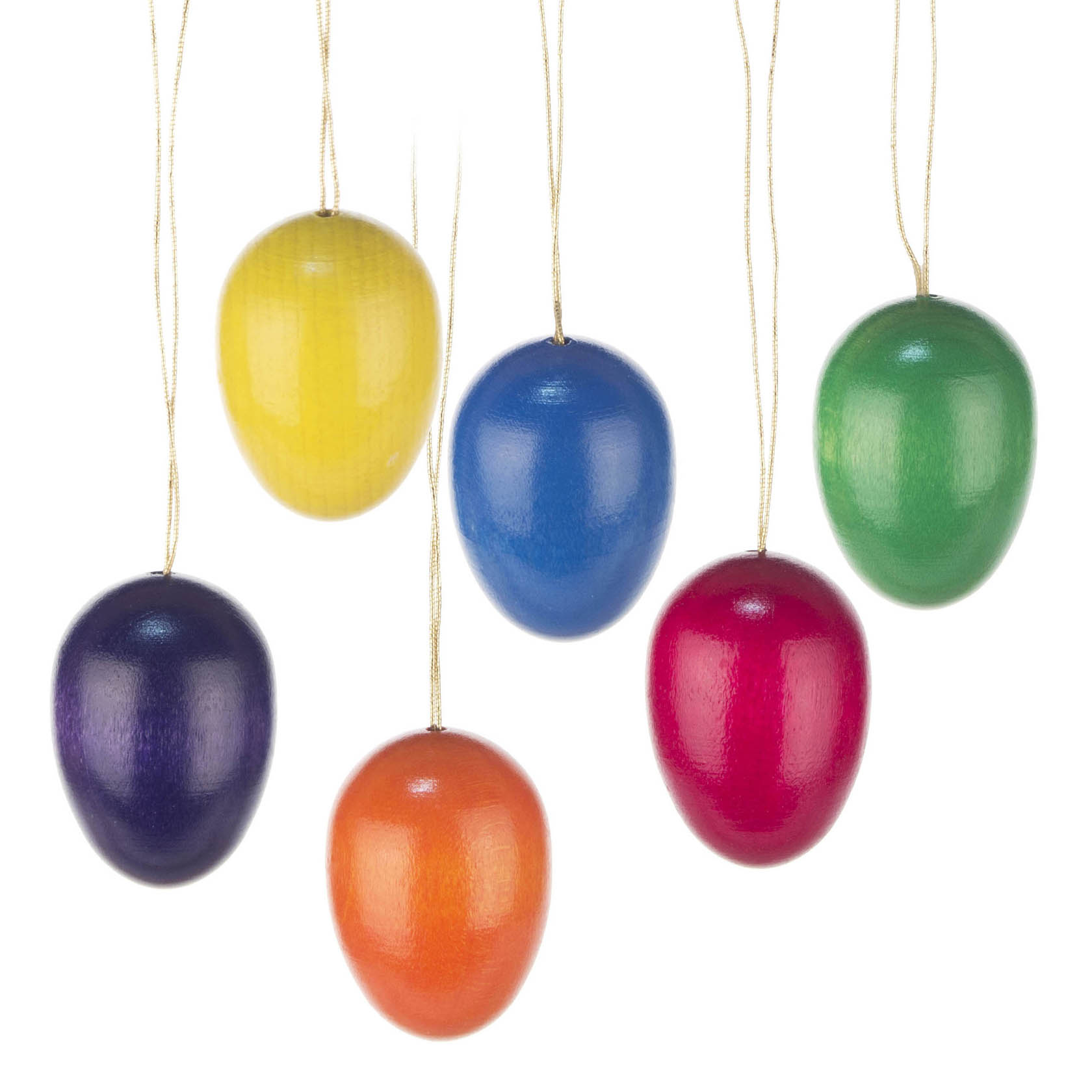 Sechs einfarbige Ostereier in Gelb, Blau, Grün, Violett, Orange und Rot hängen an Fäden. im Dregeno Online Shop günstig kaufen