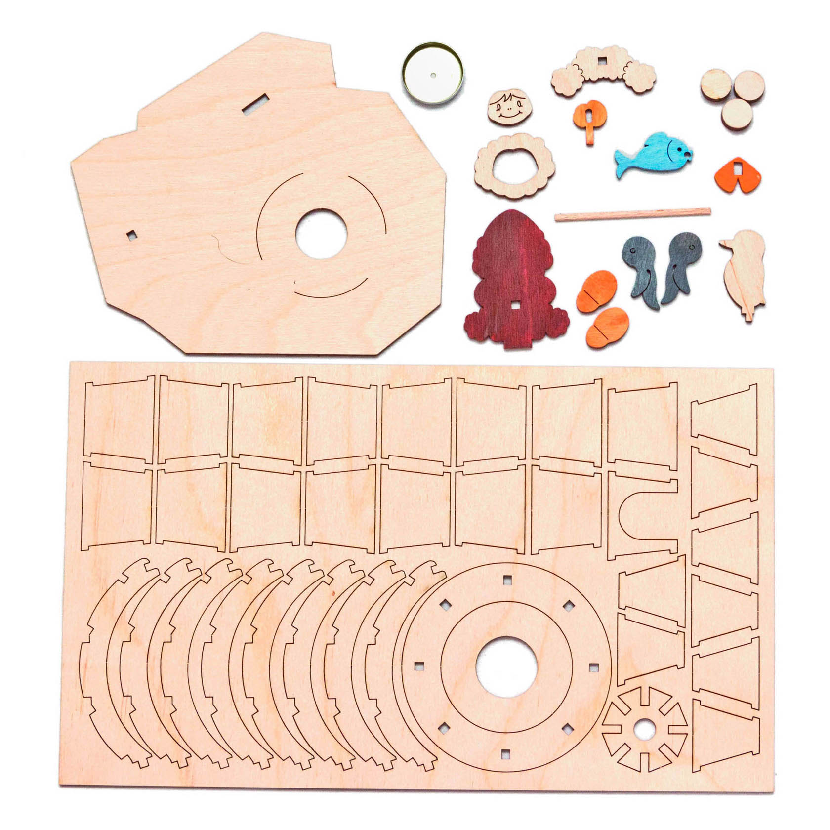 Kit with wooden parts to assemble an igloo-shaped incense smoker, including circular and triangular pieces, small colored fish and a red figurine.