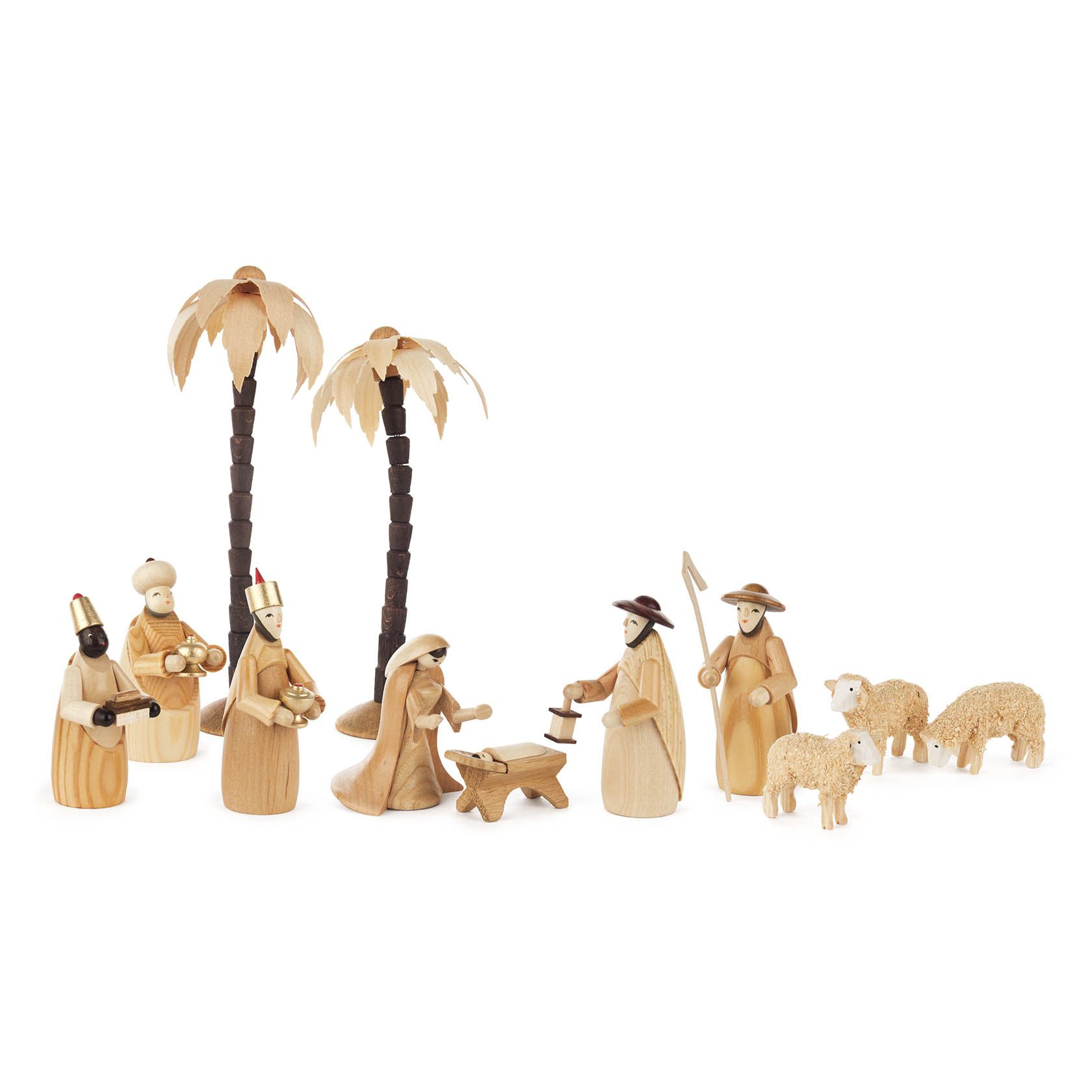 Holzfiguren-Set mit Figuren aus der Weihnachtsgeschichte, darunter Maria, Josef, das Jesuskind in der Krippe, Hirten, Schafe, zwei Palmen und die Heiligen Drei Könige. im Dregeno Online Shop günstig kaufen