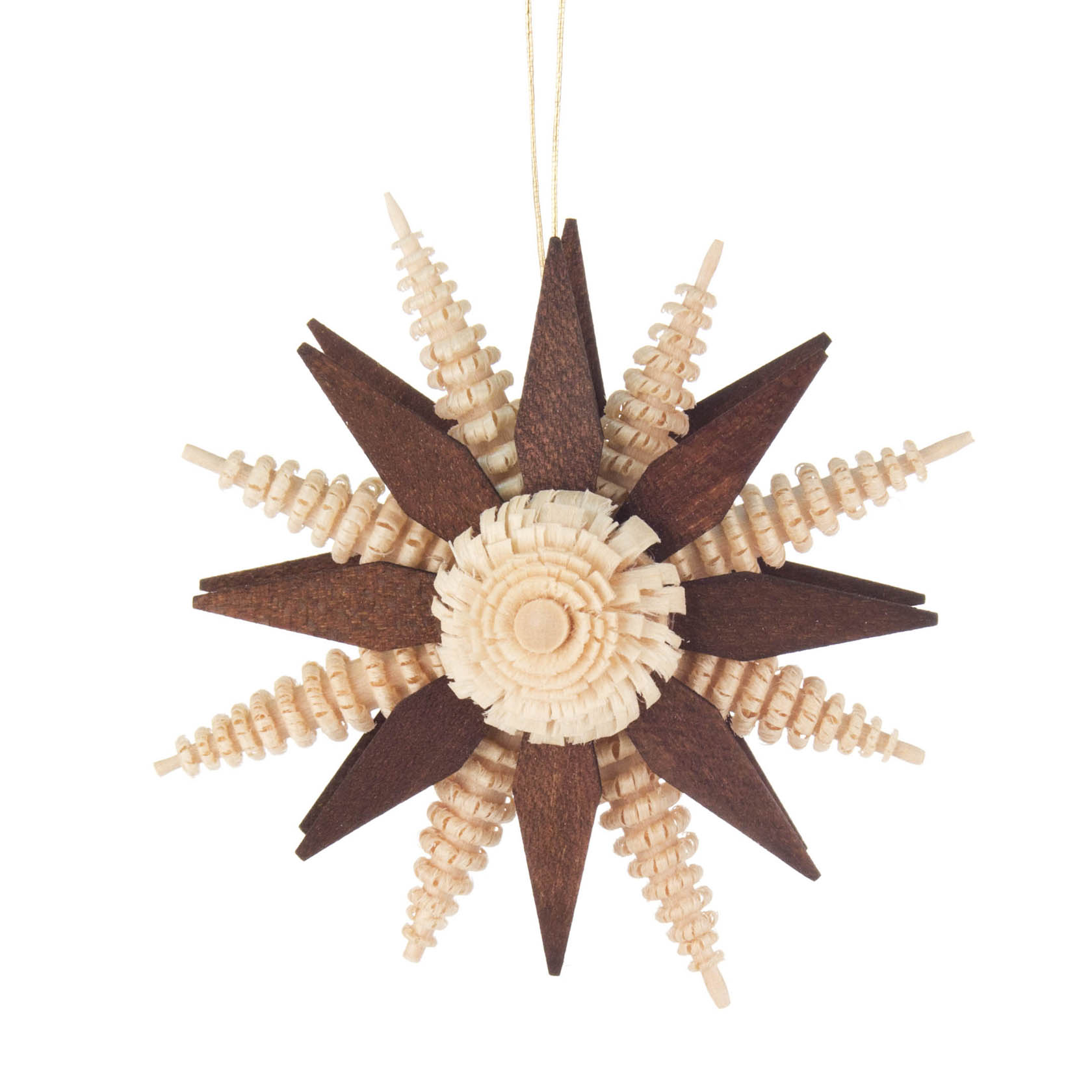 Ein handgefertigter Sternanhänger aus Holz, mit abwechselnd braunen und hellen Spitzen, an einem stilvollen goldenen Faden aufgehängt. im Dregeno Online Shop günstig kaufen
