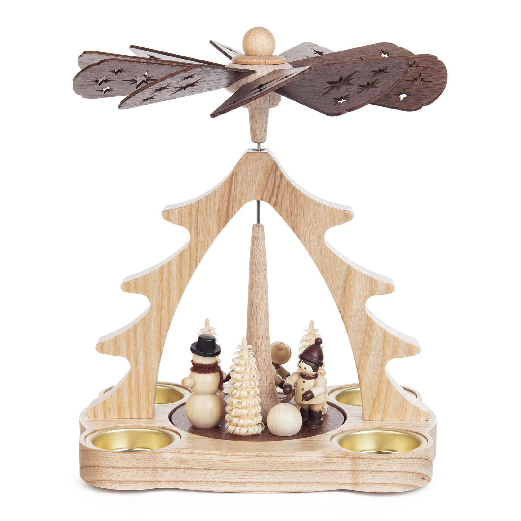 A wooden Christmas pyramid with a rotating fan, featuring small figures of snowmen and trees in a festive winter scene.