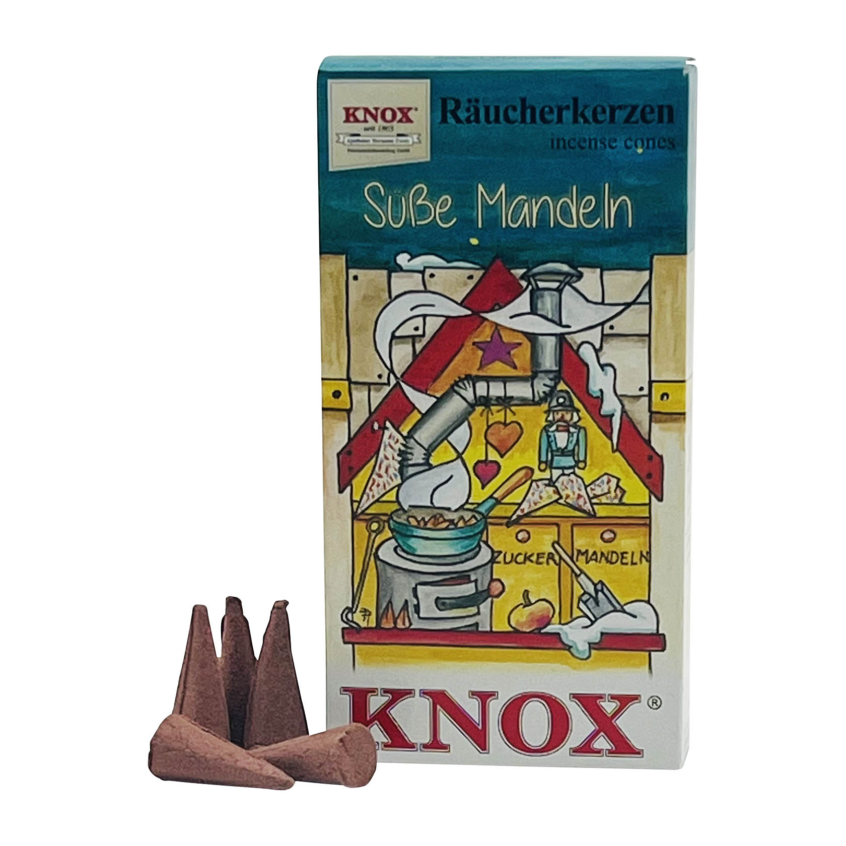 A box of KNOX incense cones, labeled 'Süße Mandeln', with some almond-scented cones placed in front, one of them smoking. im Dregeno Online Shop günstig kaufen