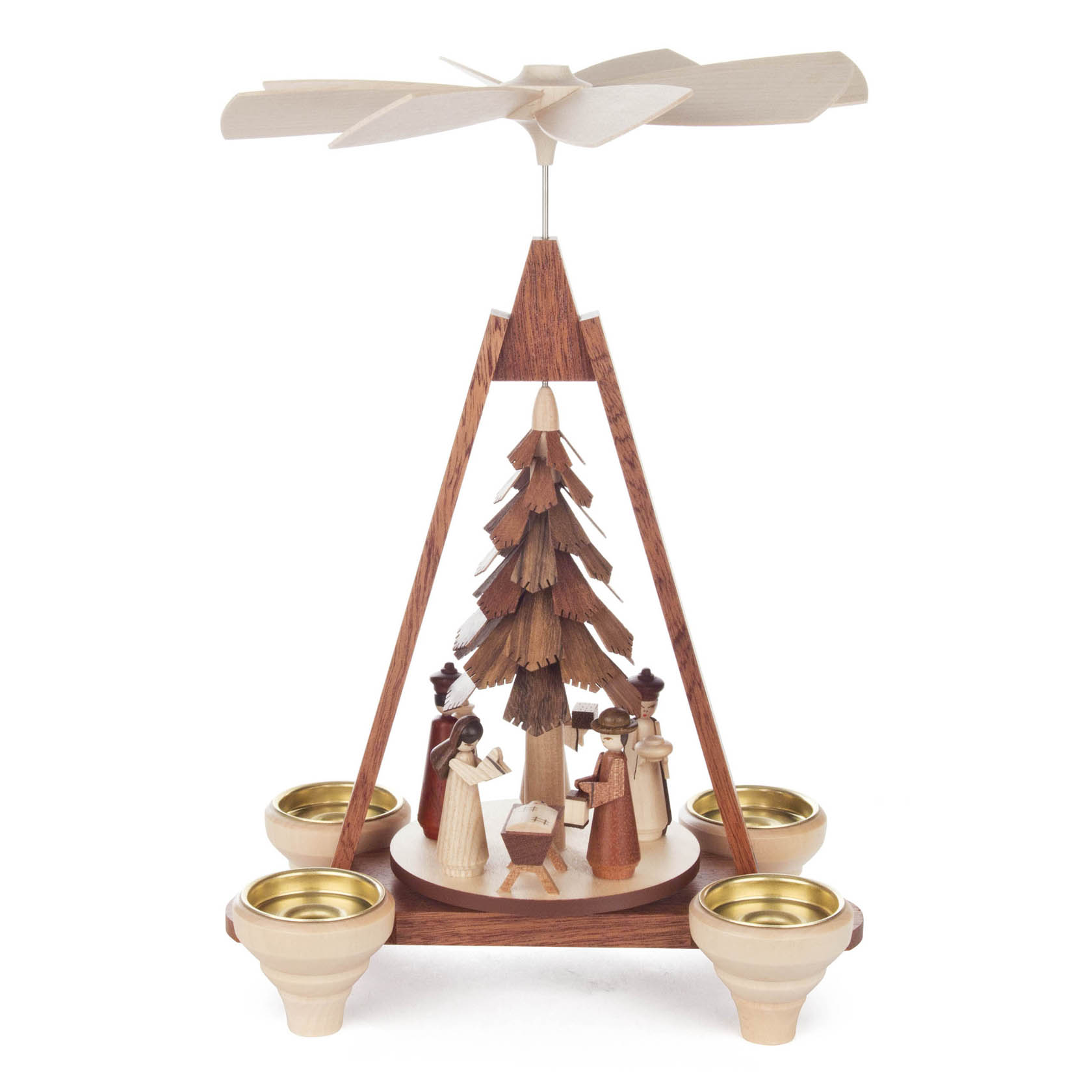 Holzpyramide mit der Darstellung der Geburt Christi, umgeben von vier Teelichthaltern, geeignet für Kerzen mit 14mm Durchmesser. im Dregeno Online Shop günstig kaufen