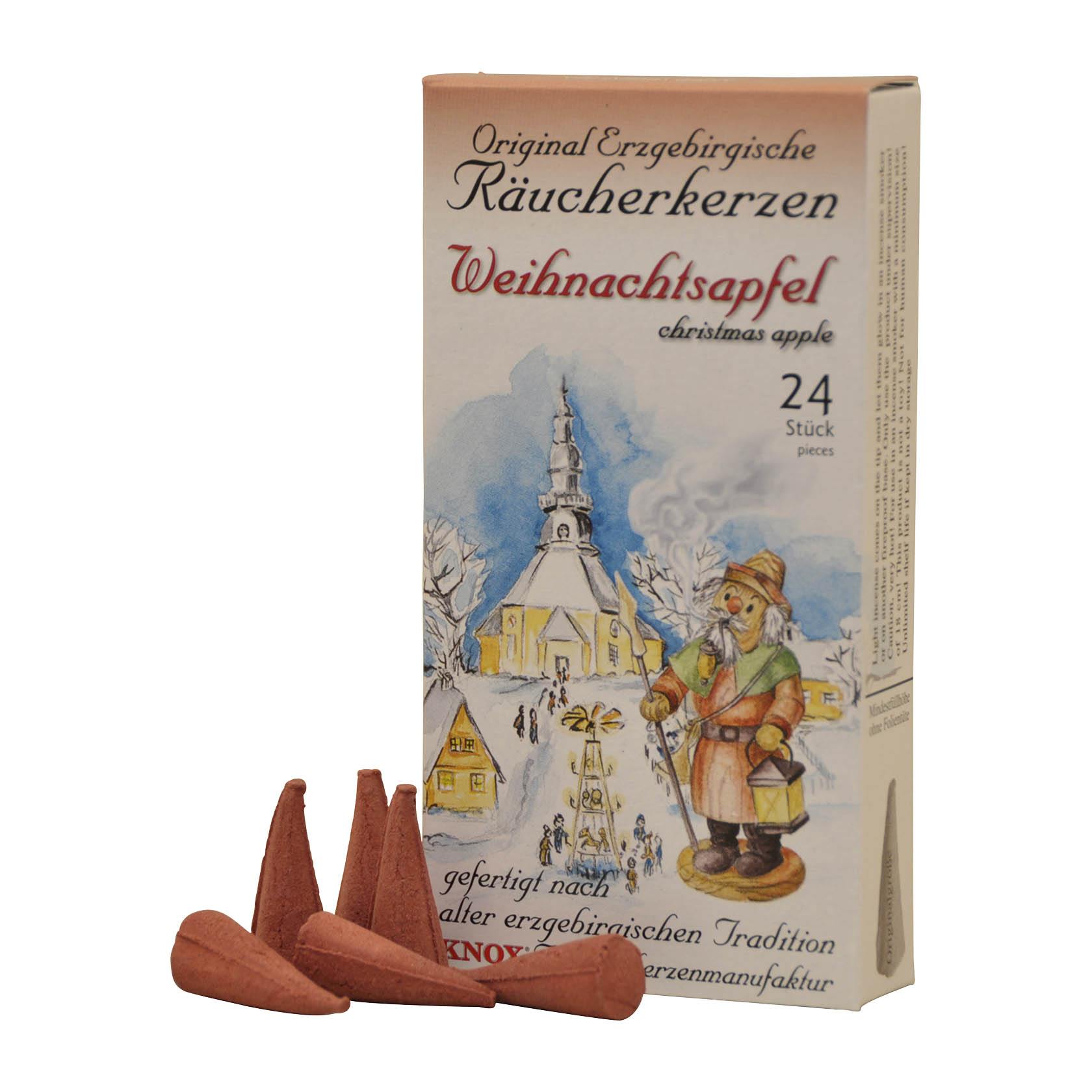 Box of KNOX incense cones labeled 'Christmas apple' with festive design, showing cones emitting smoke. im Dregeno Online Shop günstig kaufen