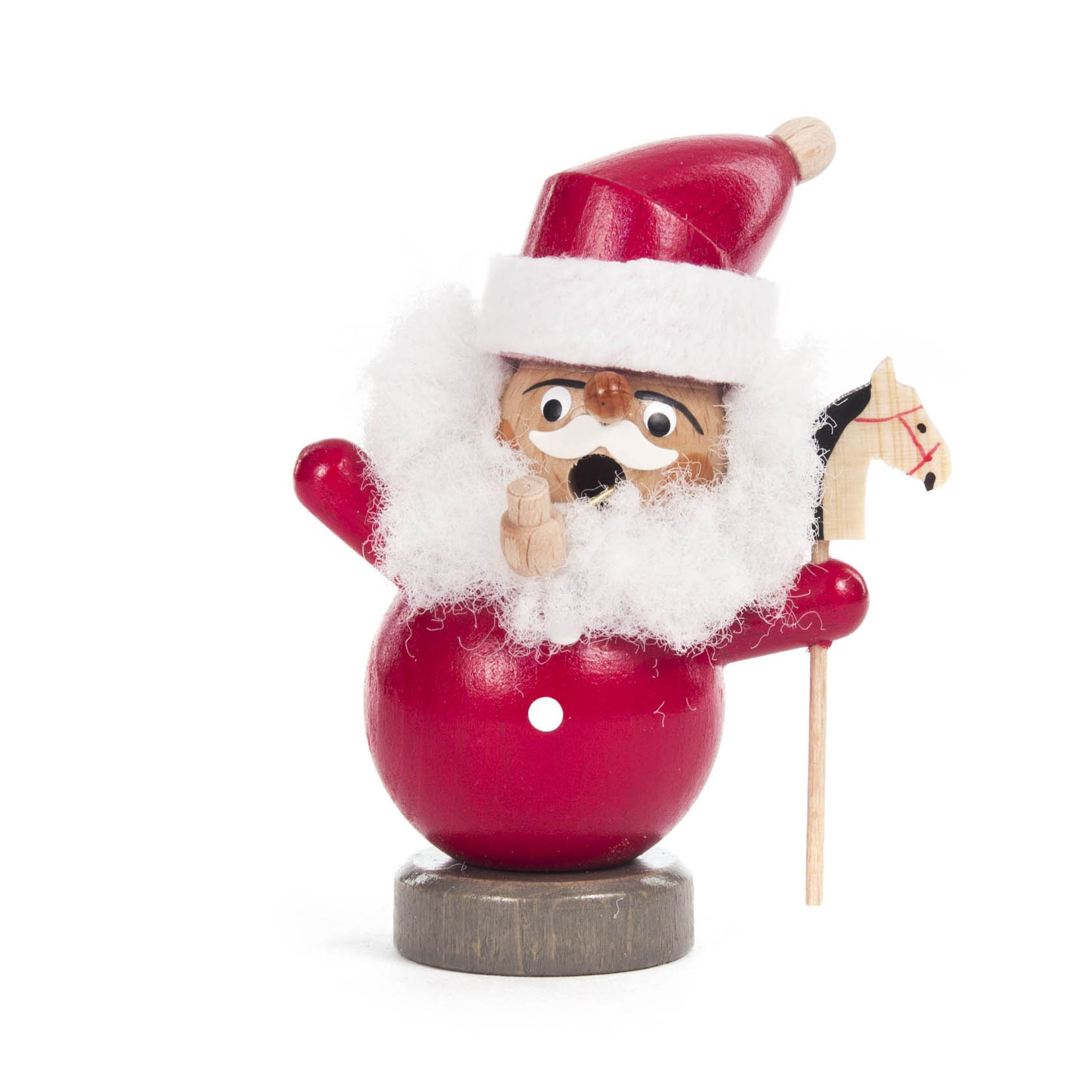Mini-Räuchermann in Form eines Weihnachtsmanns, der steht. Er trägt einen roten Mantel, hat einen weißen Bart und hält ein Steckenpferd. im Dregeno Online Shop günstig kaufen