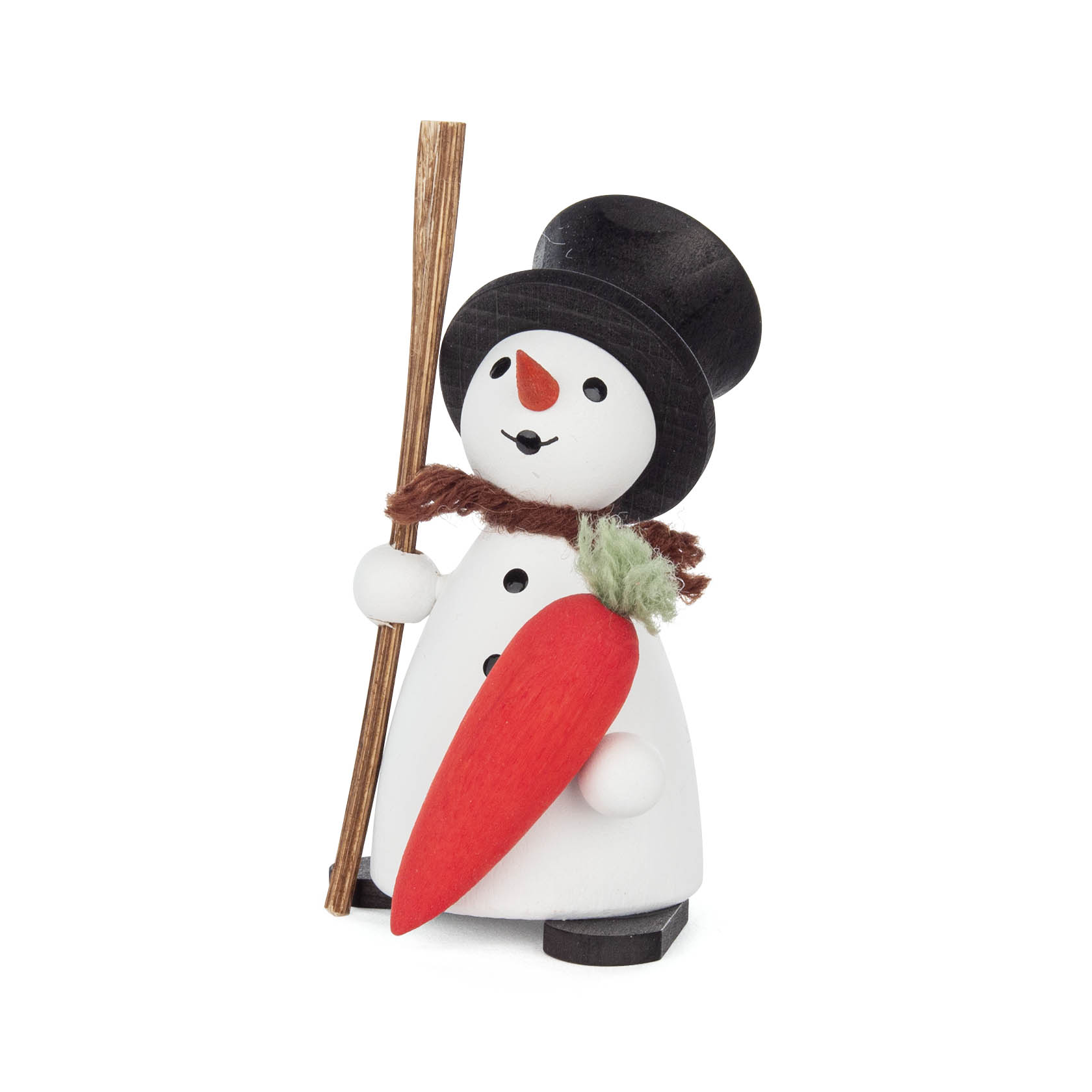 Ein freundlicher, dekorativer Schneemann mit schwarzem Zylinder, hält eine orangefarbene Möhre in der rechten Hand und einen Stock in der linken. im Dregeno Online Shop günstig kaufen