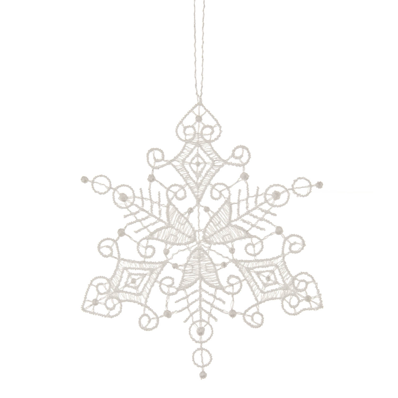 Ein detaillierter, weißer Spitzen-Schneesternanhänger mit geometrischen Mustern, gestickten Linien und kleinen Kreisen an Spitze und Rand. im Dregeno Online Shop günstig kaufen