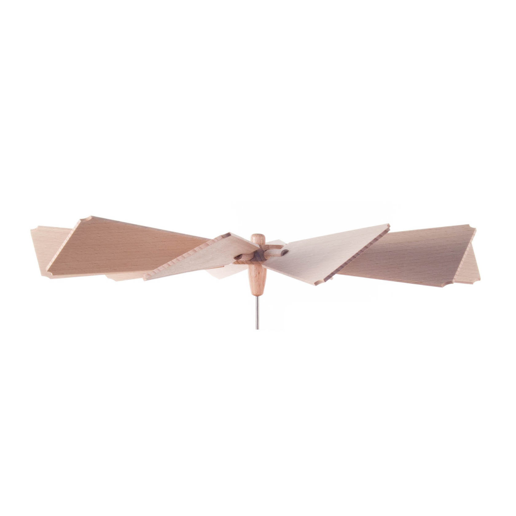 A 10-blade wooden pinwheel with a diameter of 35 cm and a 2 mm central bore, showcasing a simple and symmetrical design.