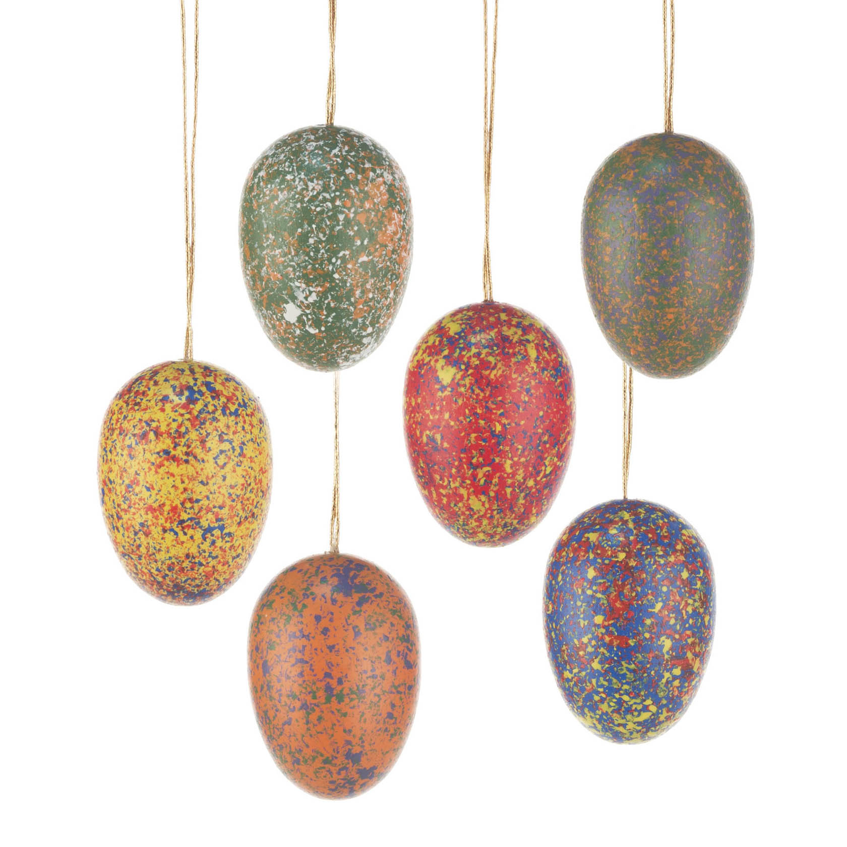 Sechs hängende Ostereier in verschiedenen Farben, alle mit bunten Sprenkeln verziert. im Dregeno Online Shop günstig kaufen