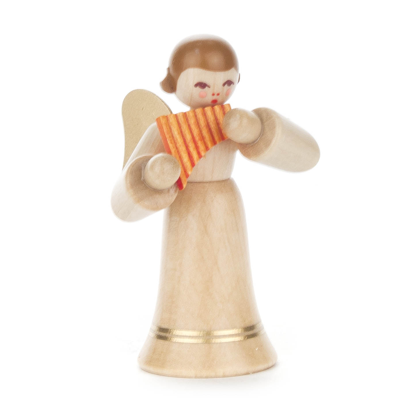 Wooden angel figurine with a long skirt and playing a pan flute, wings attached, natural wood finish. im Dregeno Online Shop günstig kaufen