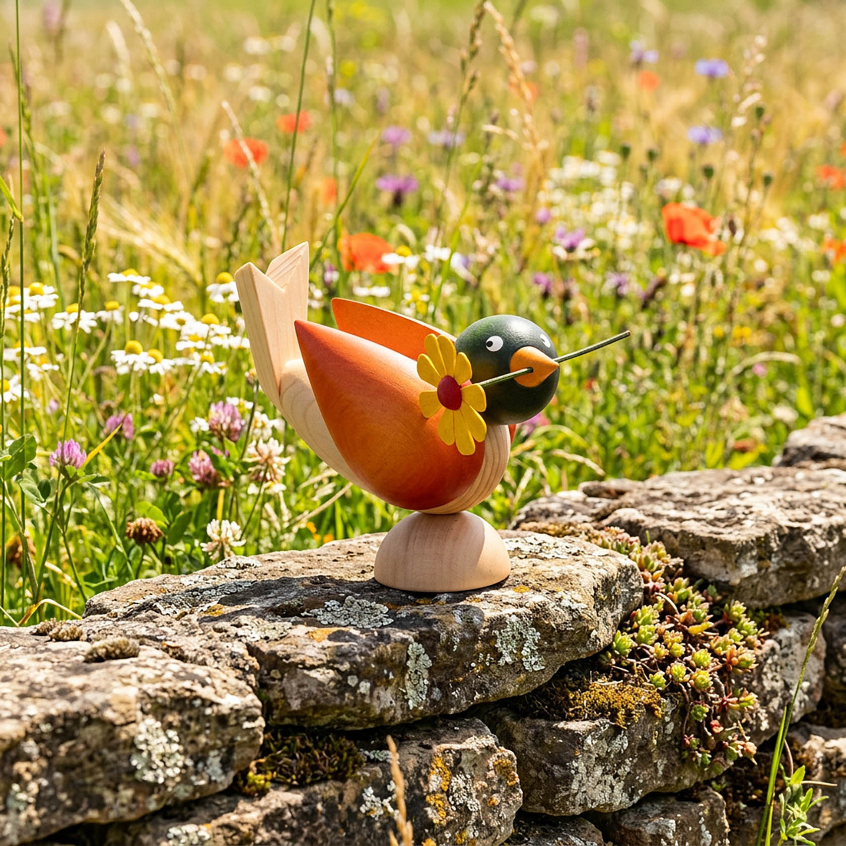 Vogel mit Blume im Schnabel natur