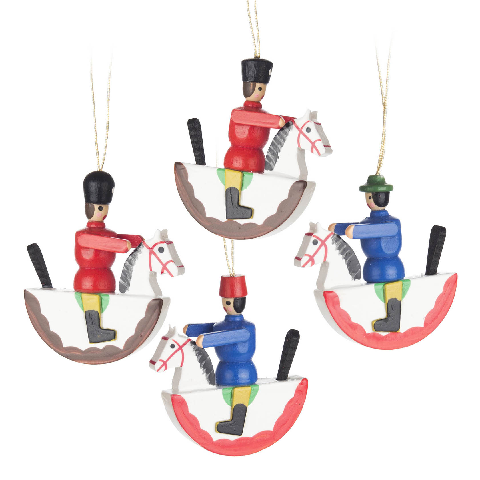 Four wooden soldier ornaments dressed in red and blue, riding white rocking horses with red and brown accents, hanging from gold strings. im Dregeno Online Shop günstig kaufen