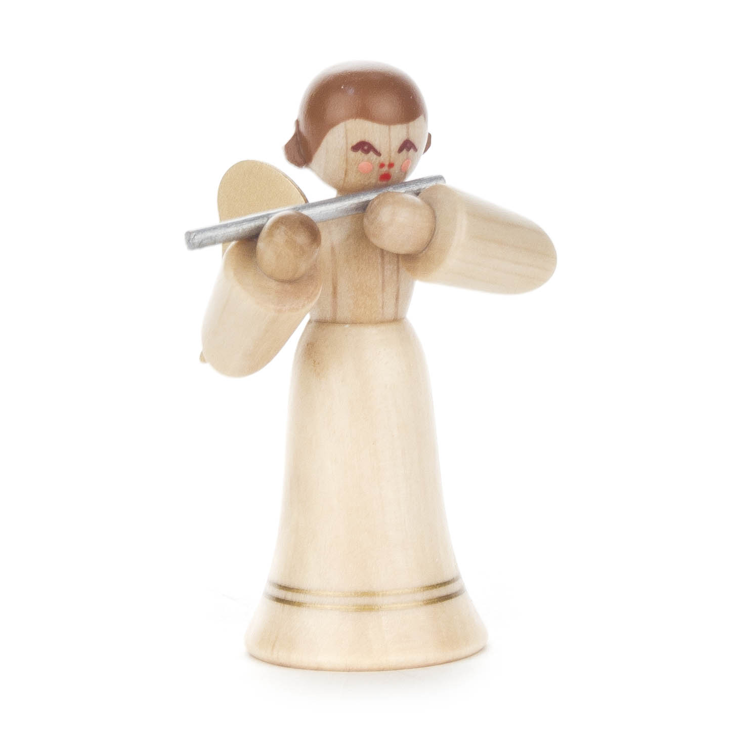 Holzfigur eines Engels mit kurzen Haaren und roten Wangen, der eine Querflöte spielt und einen langen, naturbelassenen Rock trägt. im Dregeno Online Shop günstig kaufen