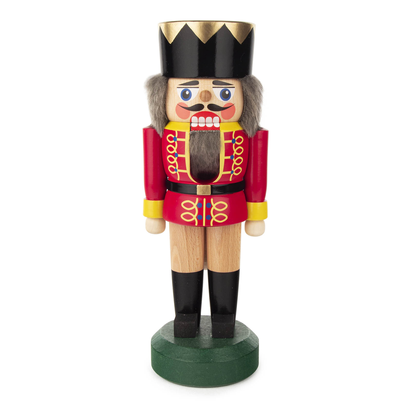 Nussknacker in Form eines Königs, 21cm groß, rot und naturfarben, mit schwarzem Hut, Bart und dekorativer Uniform. im Dregeno Online Shop günstig kaufen