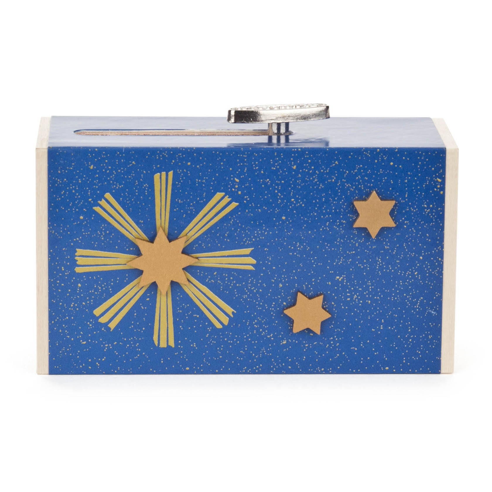 Blaue Schiebebox mit goldenen Sternen und goldener Strahlengrafik, oben das Rädchen zum Aufziehen der Musik
