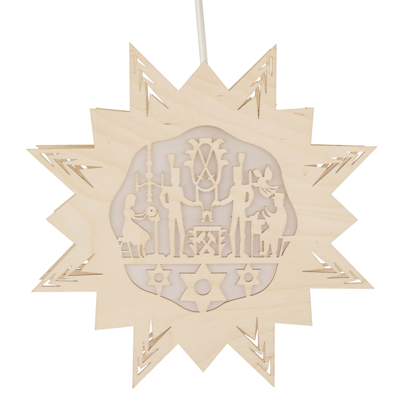 Holzstern mit filigraner Erzgebirgsszene, hinterlegt mit Papier und beleuchtet. Zeigt traditionelle Figuren und Symbole des Erzgebirges. im Dregeno Online Shop günstig kaufen