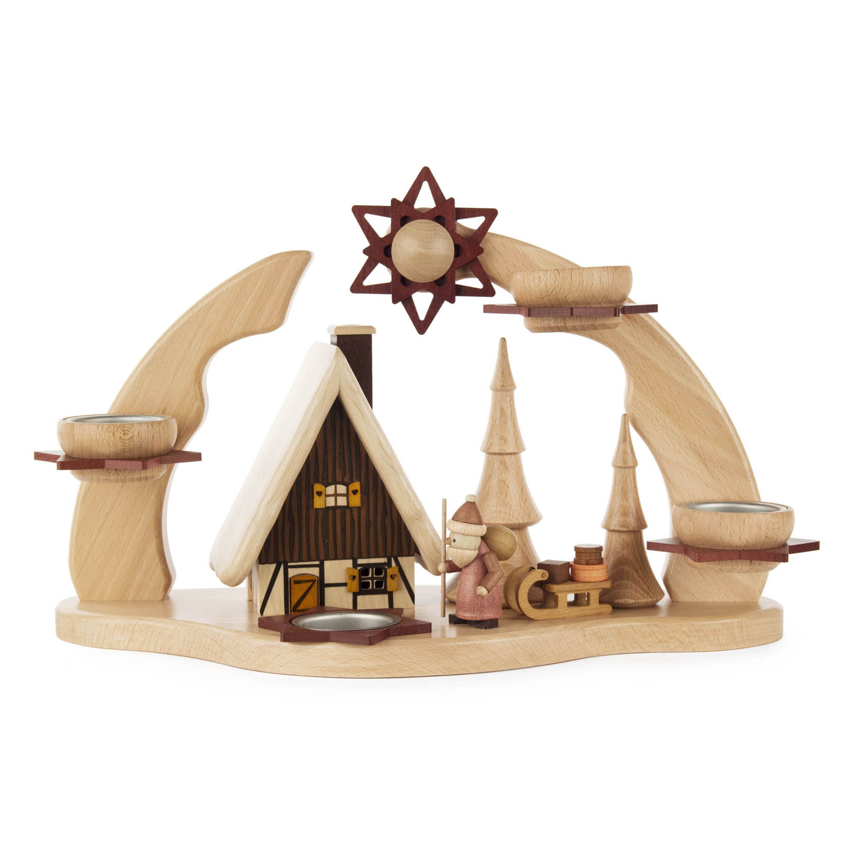 Ein hölzerner Schwibbogen mit einem zentralen Räucherhaus, flankiert von zwei Teelichthaltern. Links und rechts sind Bäume und eine Figuren dargestellt. im Dregeno Online Shop günstig kaufen