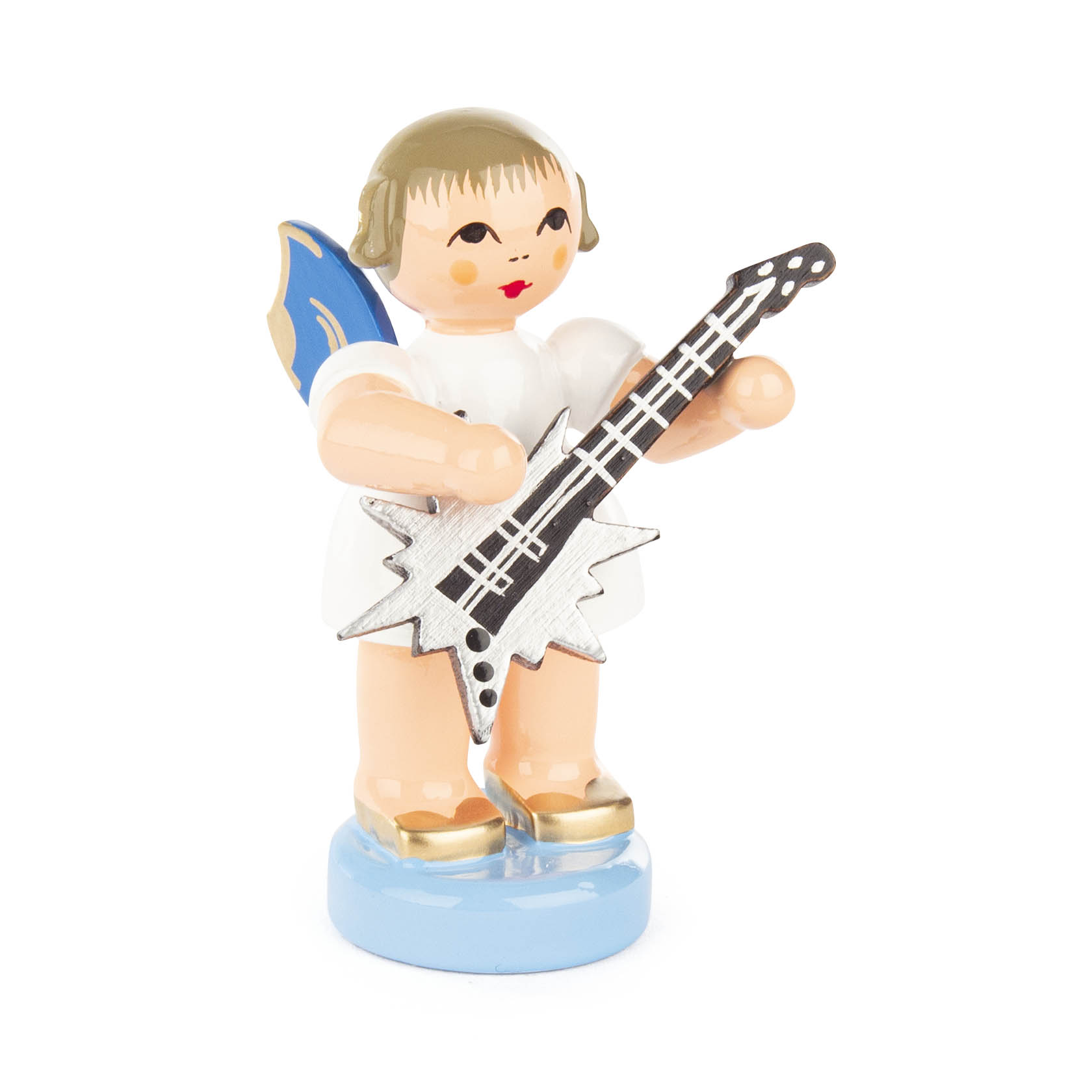 Holzfigur eines Engels mit blauen Flügeln in weißem Gewand. Der Engel hält eine silberne Gitarre in Sternform. im Dregeno Online Shop günstig kaufen