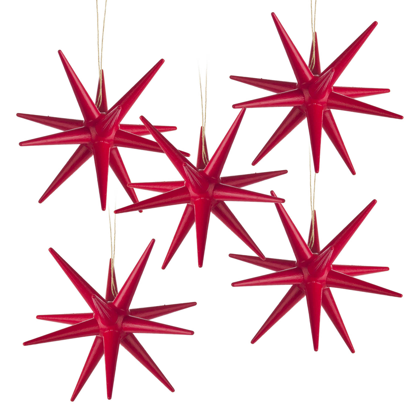 Fünf rote, dreidimensionale Sternanhänger mit jeweils zwanzig Zacken, die an Fäden hängen. im Dregeno Online Shop günstig kaufen