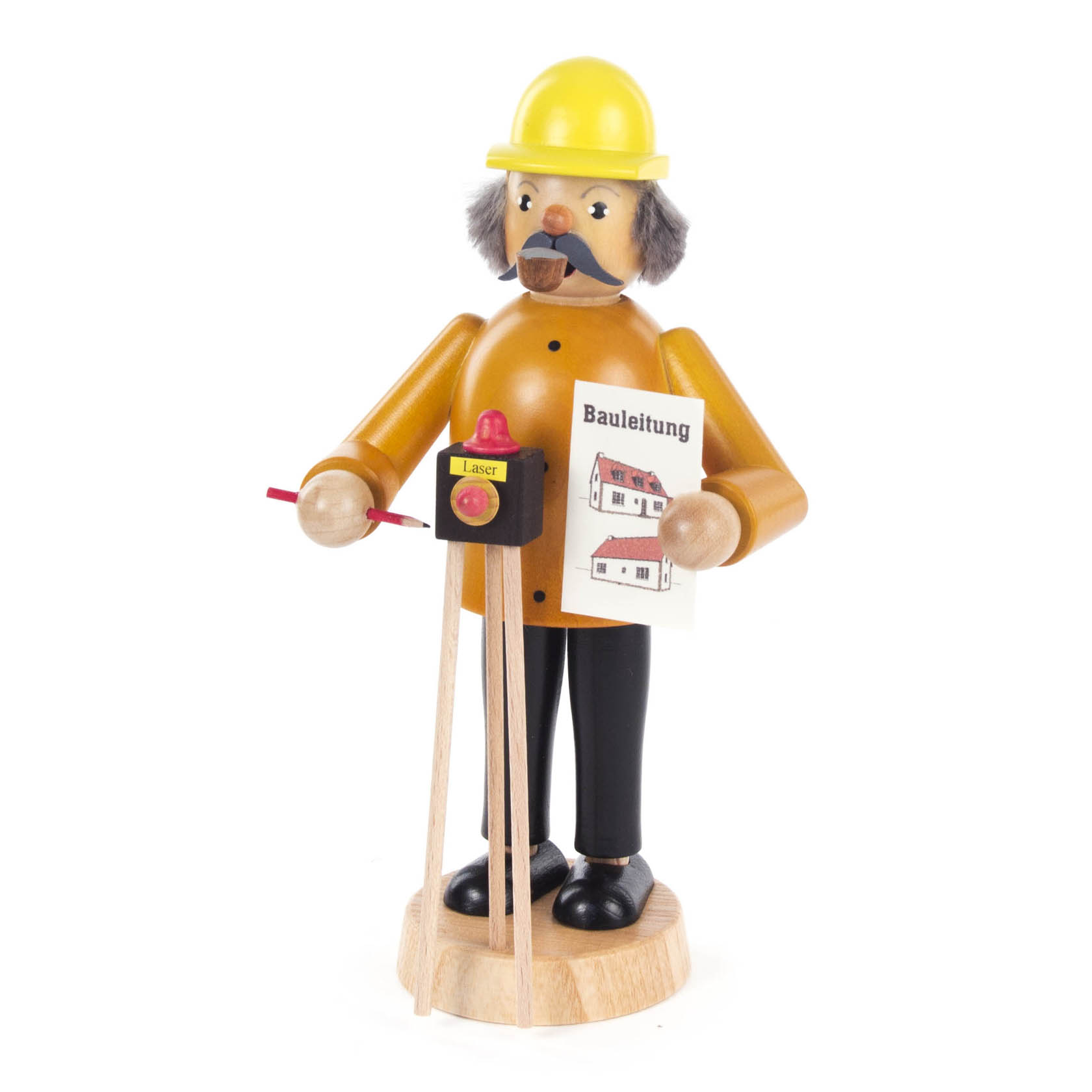 Ein Räuchermann in Form eines Bauleiters mit gelbem Helm, gelber Jacke, schwarzen Hosen und einem Bauplan in der Hand. im Dregeno Online Shop günstig kaufen