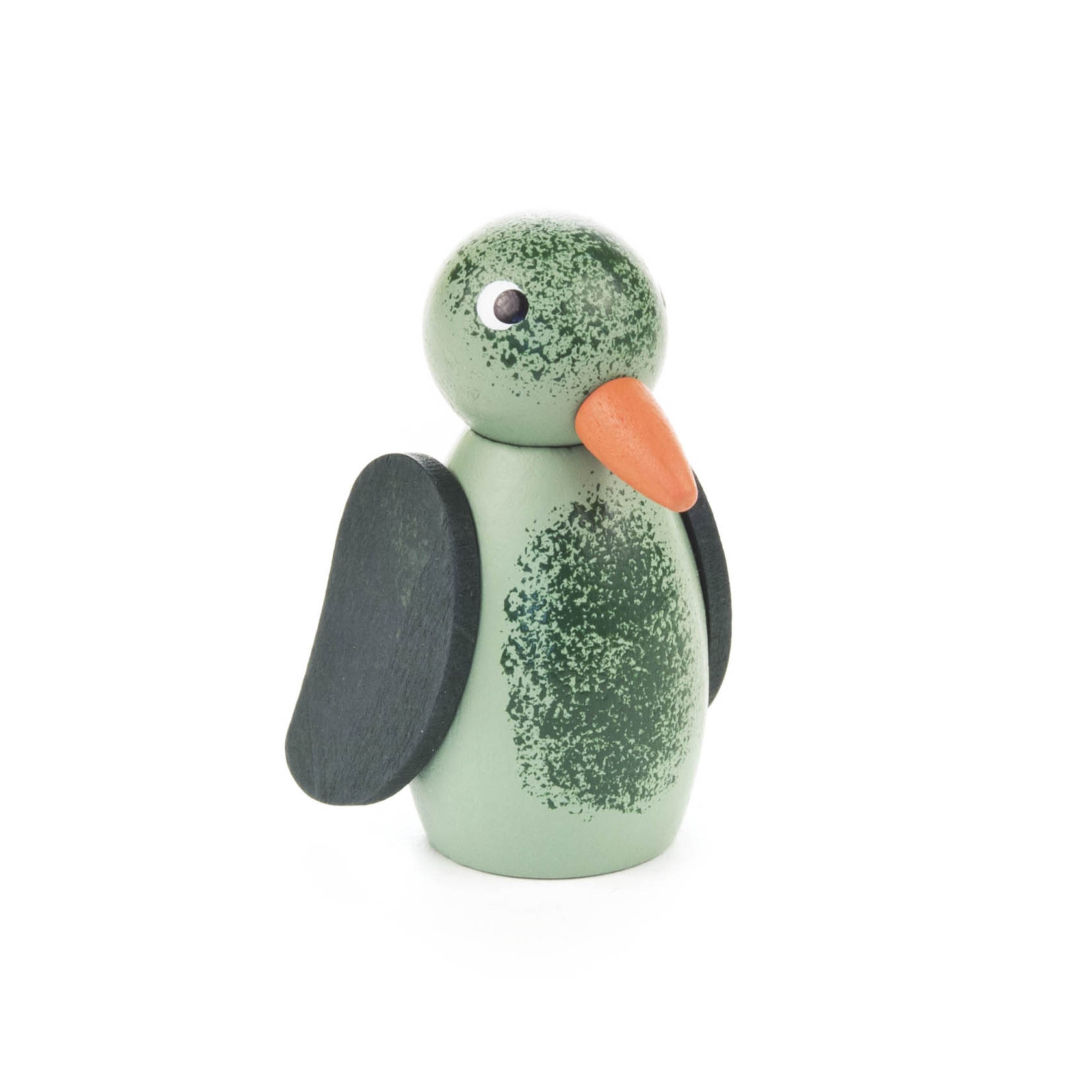 Holzfigur eines grünen Vogels mit orangefarbenem Schnabel und dunklen Flügeln, schlichtes Design mit minimalistischen Details.