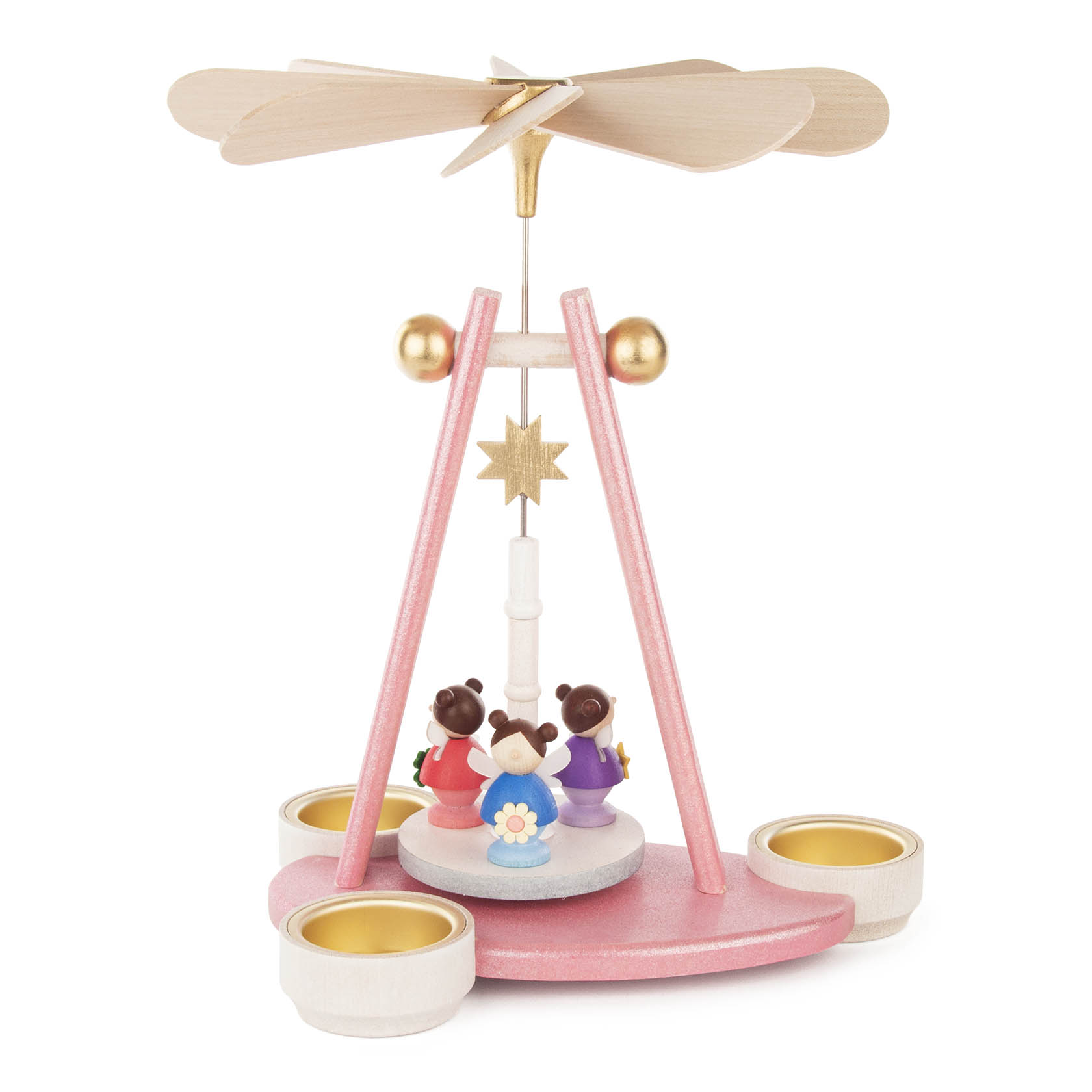 Pyramide aus rosa glitzernden Kugeln, dekoriert mit Feenfiguren und goldenen Details, für Teelichte mit Propeller aus Holz an der Spitze. im Dregeno Online Shop günstig kaufen