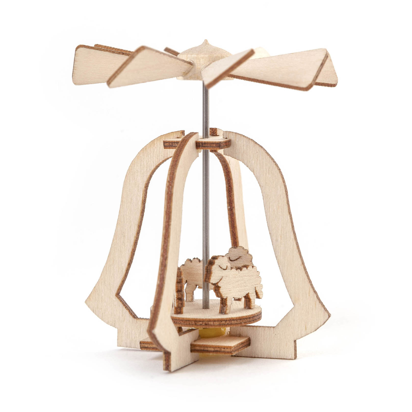 Miniatur-Wärmespiel aus Holz mit zwei Schafen und einem Rotor, der von einer Metallachse gehalten wird. im Dregeno Online Shop günstig kaufen