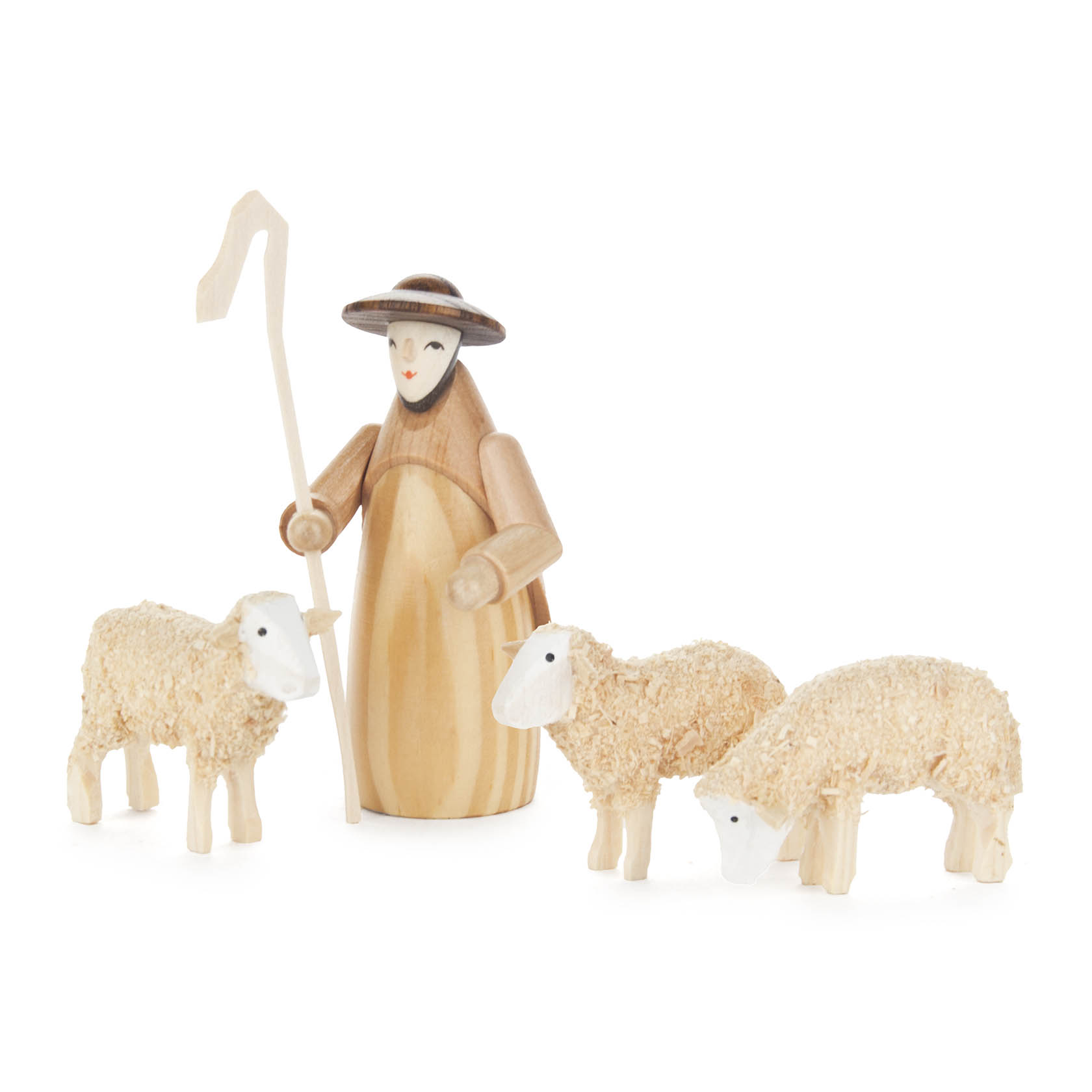 Holzfigur eines Schäfers mit Hut und Stab, begleitet von drei Schafen, die ebenfalls aus Holz gefertigt sind. im Dregeno Online Shop günstig kaufen
