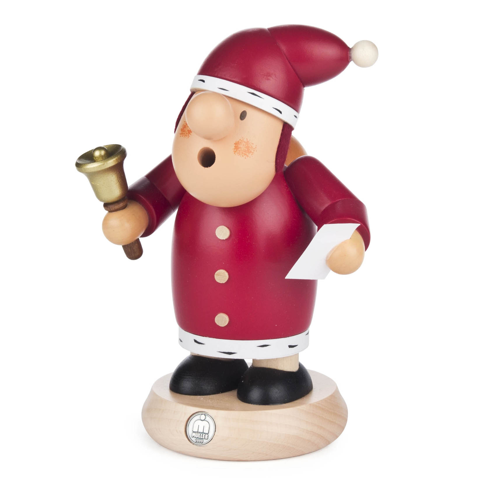 Holzräuchermann in Form eines Weihnachtsmanns mit rotem Mantel und Mütze, trägt eine Glocke in der einen Hand und einen Zettel in der anderen. im Dregeno Online Shop günstig kaufen