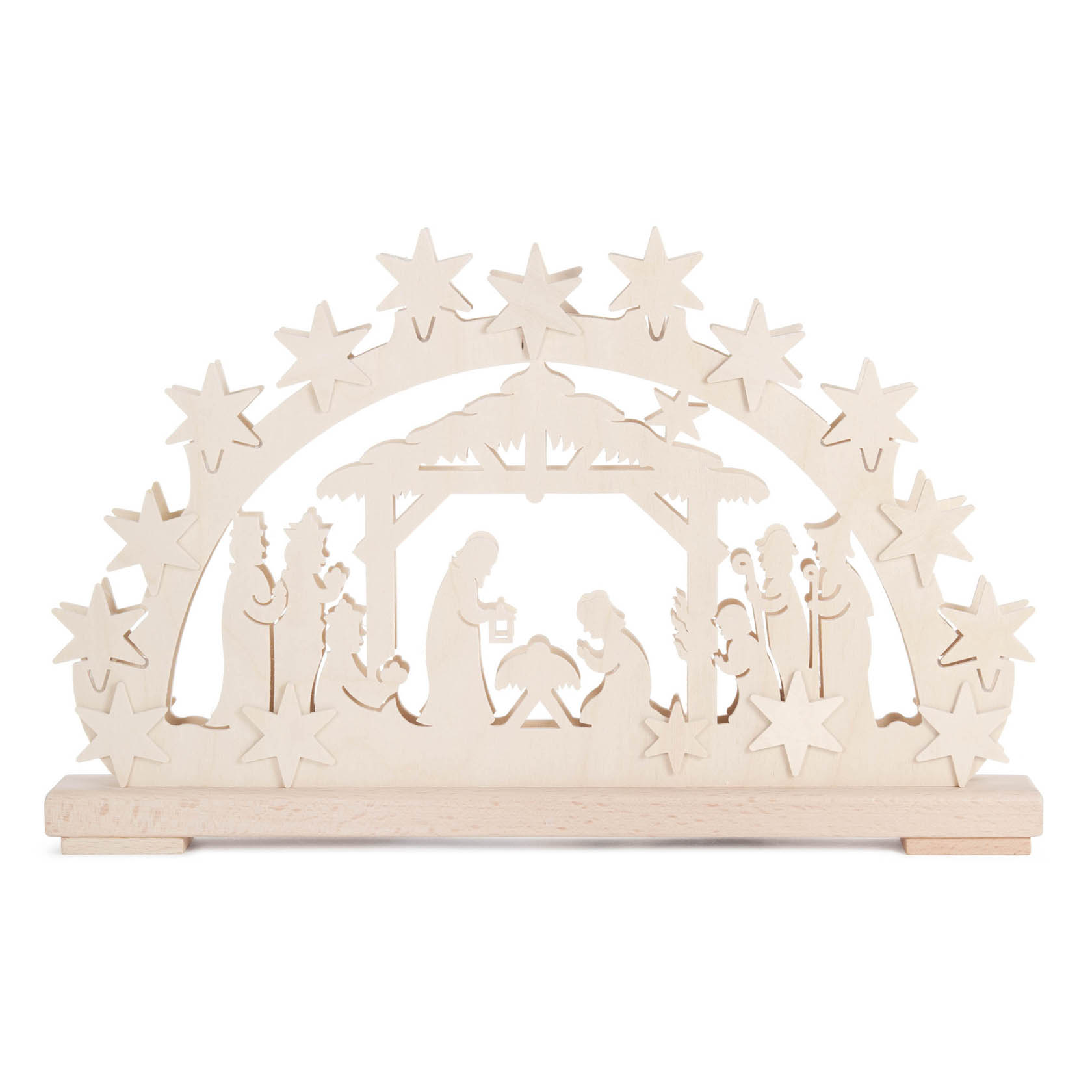 Holz-Schwibbogen zeigt die Szene der Geburt Christi mit Maria, Josef und dem Jesuskind in der Krippe, umgeben von Hirten und Tieren. Indirekte Beleuchtung. im Dregeno Online Shop günstig kaufen